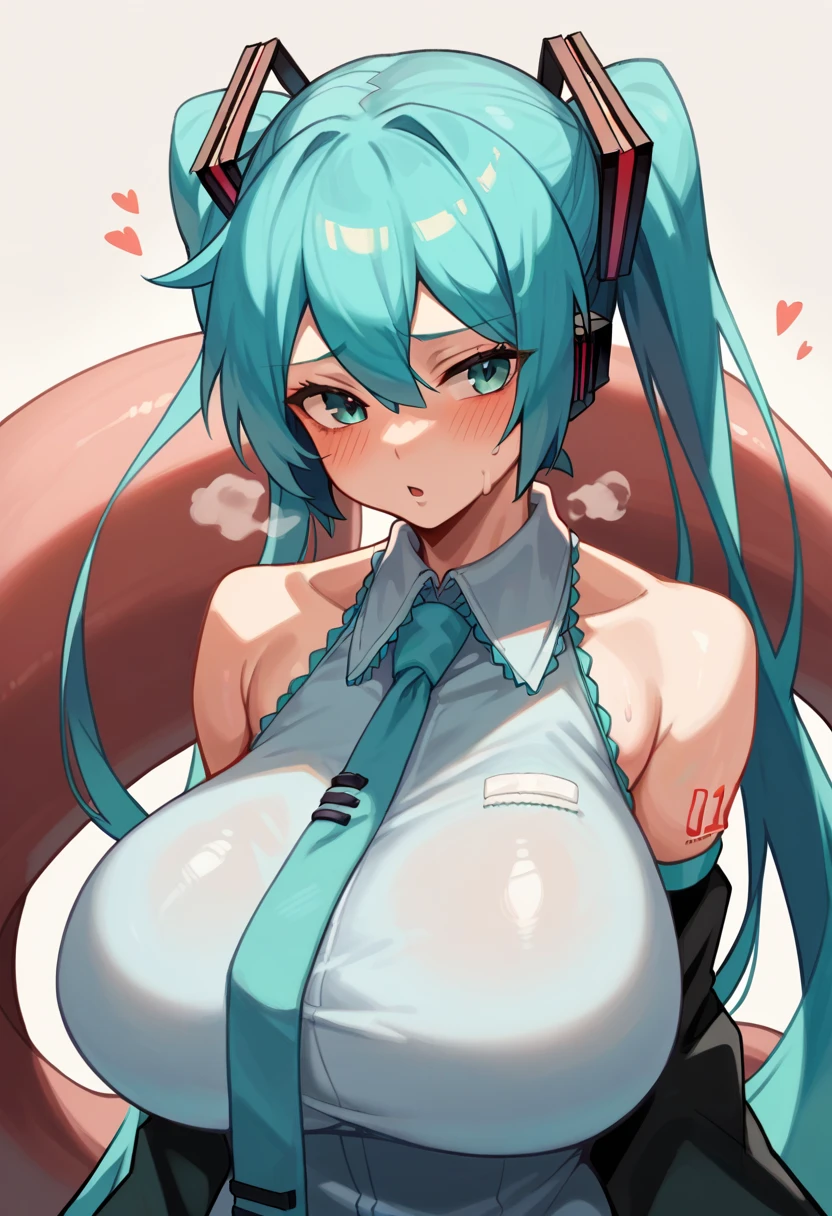 anime coloring, 1 girl, Upper body, hatsune miku, nsfw, nude, embarrassed, breast focus, from front, beautiful face, cute, white background,