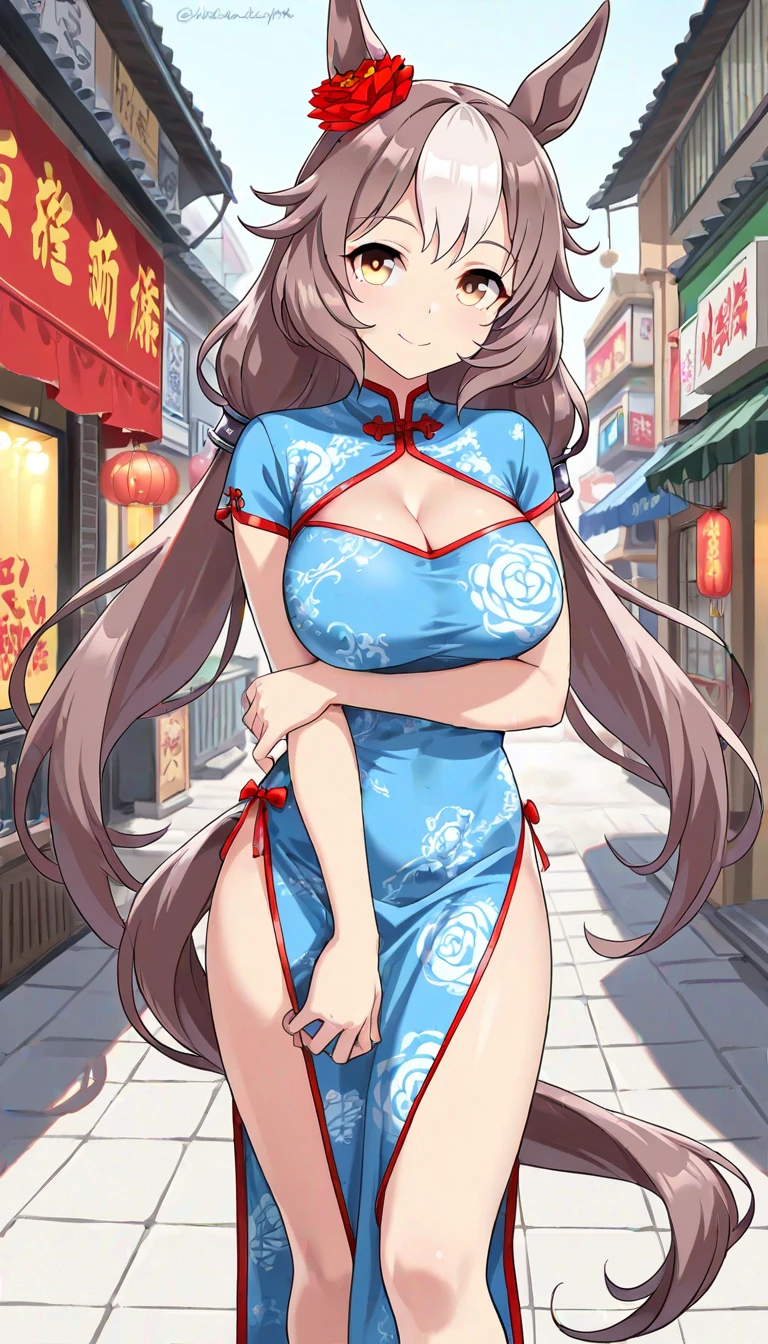 masterpiece, best quality, High Definition Beautiful woman, beautiful face woman,  showing her pussy, patterns flowers dress, with a beautiful smile, beautiful face, long hair, no thong, no underwear, no panties, beautiful pussy, market, rainbow hair
