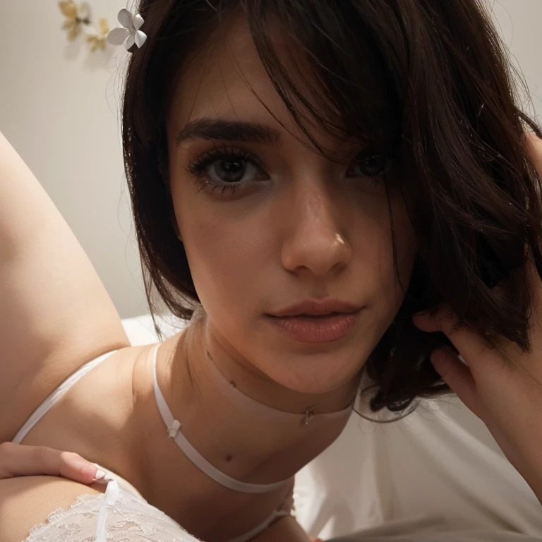 Sophia Lillis, plump body, goth makeup, pale skin, long luscious hair, behind a curtain