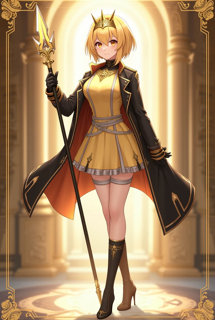 Anime Style Images, Full body image head to toe, , young man, ผมสีดำ, , long hair to the middle of the back, The hair is neatly arranged to the face, Hair tied in a ponytail, Red hair tie, headband fabric Red with gold pattern, black eyes, ใบหน้า castingเหลาราวกับเทพบุตร,  casting, cool, looks discreet as an adult, face, indifferent, emotionless,, , strong body shape, , muscles tight but slender,, Muscles in bundles, Wearing a black tight-fitting sleeved shirt decorated with gold pattern, black tights adorned with gold patterns, Wear a black waistcoat decorated with gold patterns, ankle-length waistband, with a black strap and belt fastened to the dress,, Black Gloves, . The left arm is wearing gold steel armor, covering it from the shoulder head to the forearm, , wear a red shawl decorated with gold patterns under the shoulder armor., ชุดดู castingcoolมาก, gold steel armoured boots, The background is a huge arena with many people staring inside the arena., arena. Very large, Lightning Spear, Top details, Anatomically qualified ,  maximum contrast, The right hand holds a silver double-edged long spear, put the spear handle on the back, Spear looks good, หอกสุดcool, Black card border at picture edge, Game card style, Collectible card style, shiny gold border on black card border