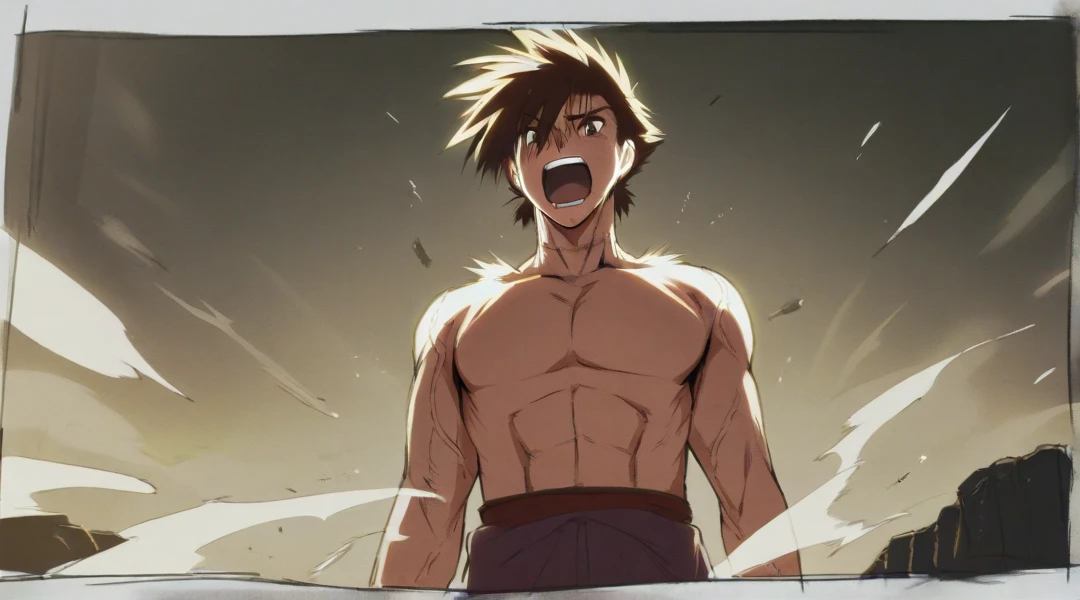 masterpiece, High resolution, high quality, Dark Skinned , male, A little buff, long dark hair, Big Innocent Eyes, naked、White long torn scarf, White hooded cloak, Big black gauntlets, Dramatic show, Intensive, nice, Amazing guy, Boy of shadows、Punching pose