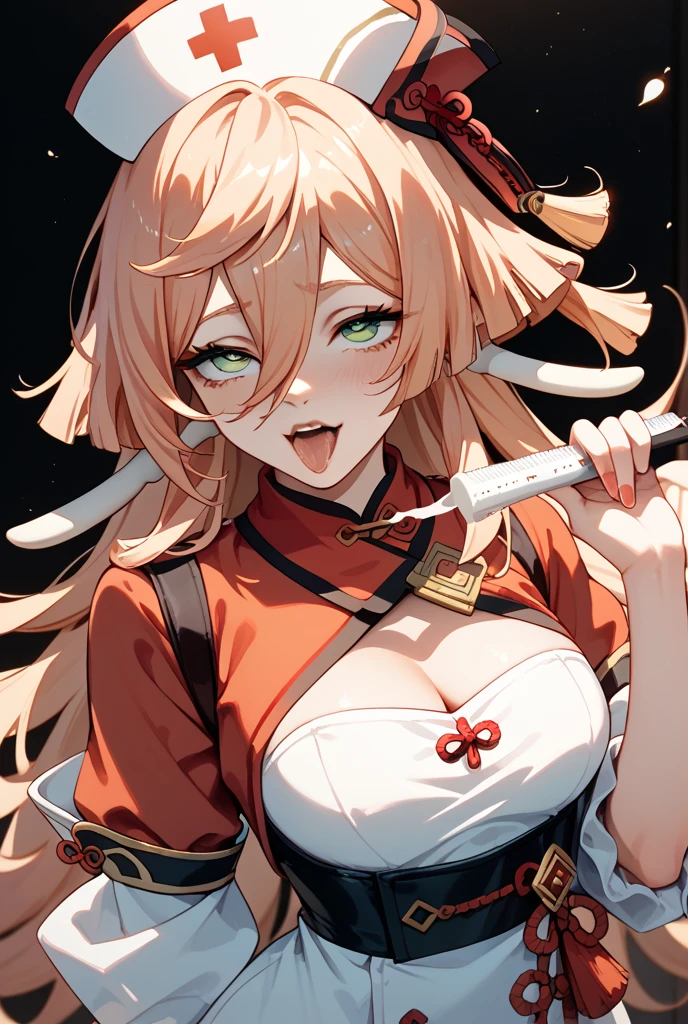 solitary, (Fox ears), Exquisite eyes, blond hair,Facial details, Green Eyes, Red Eyeshadow, lips are red, Fake laugh, Ukiyo-e, masterpiece, high quality, big breasts,Red skirt,Black tights,High heel,Exposing thighs,bikini