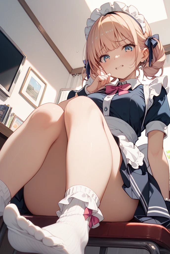 (8K、Highest quality、highest quality、masterpiece)、Detailed face、One girl、Blonde、 ((Brown skin:1.4))、bionde、short hair、Grey Eyes、blush、Embarrassing、Embarrassed、tough、painful、Open your mouth、big breasts、((naked pussy)、Full body portrait、Skirt Lift、mini skirt、Floral print one-piece dress、White knee-high socks、White high heels、pussy big penis、penis masturbation、Big ribbon on head
