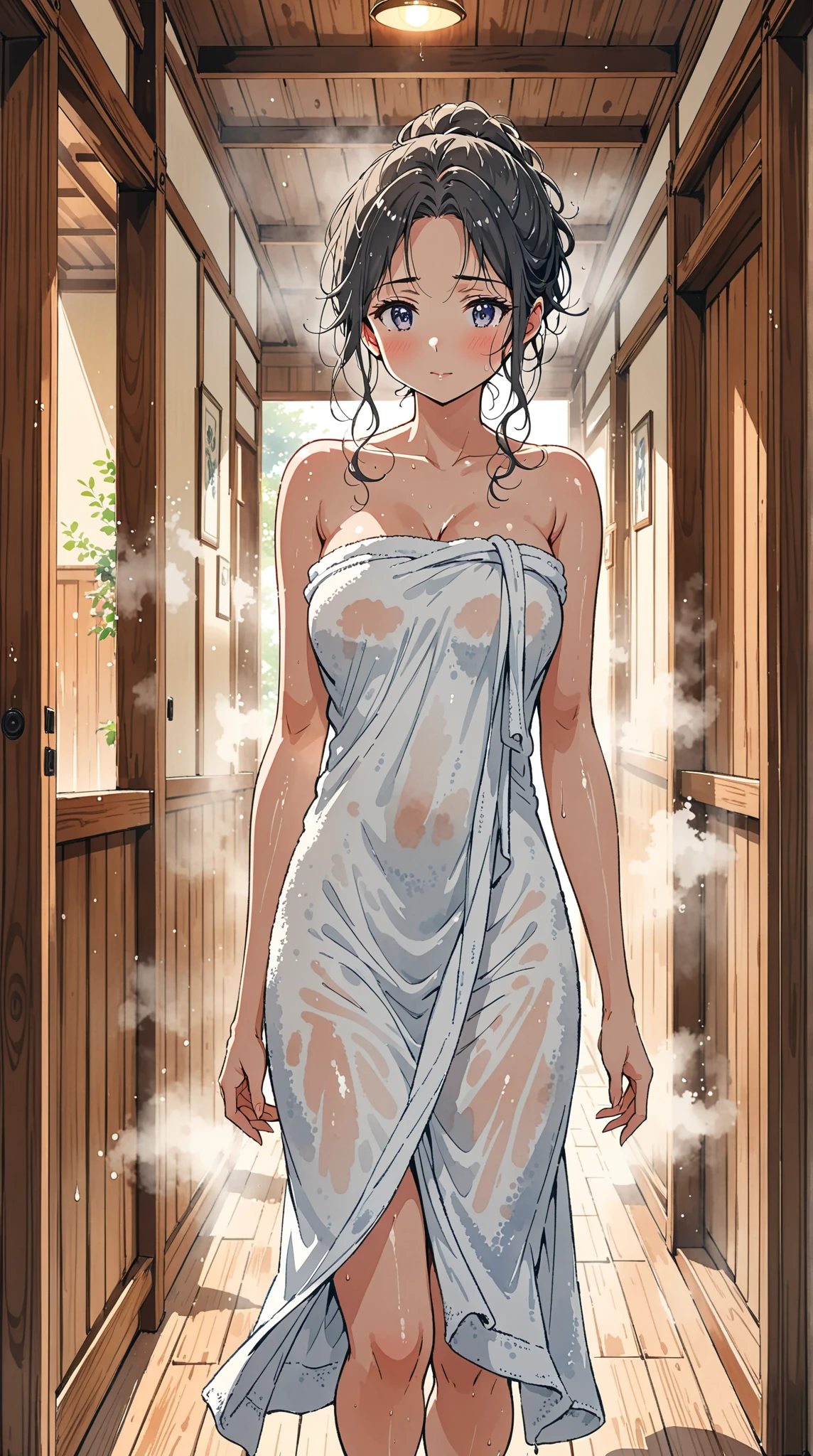 masterpiece, highest quality, High resolution, One Girl, Hamriz, ponytail, Brown eyes,Big Breasts、Completely naked、Shadow,Bathroom、Upper body close-up、Muscular body、blush、Sweat、Composition from the front、anime、((Wrap a bath towel、Completely naked、Bathroom、White Breath、真Composition from the front、Sweat、Embarrassing、blush、Naked bath towel、Stand in front、audience))