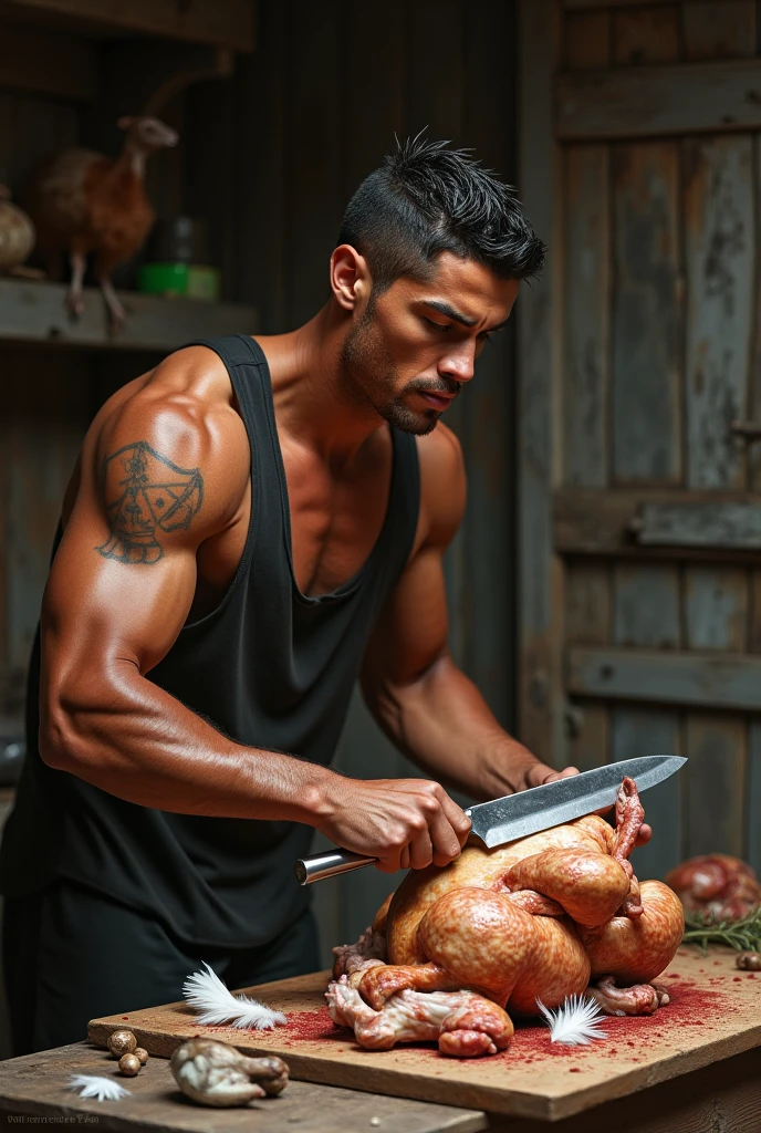 logo promocional donde el personaje principal sea ARES el dios griego. I want ARES to be holding a roast chicken in his right hand. The background should be eye-catching but should not distract from the main character and the roast chicken.. I would prefer a modern and vibrant style, con colores que resalten la imagen