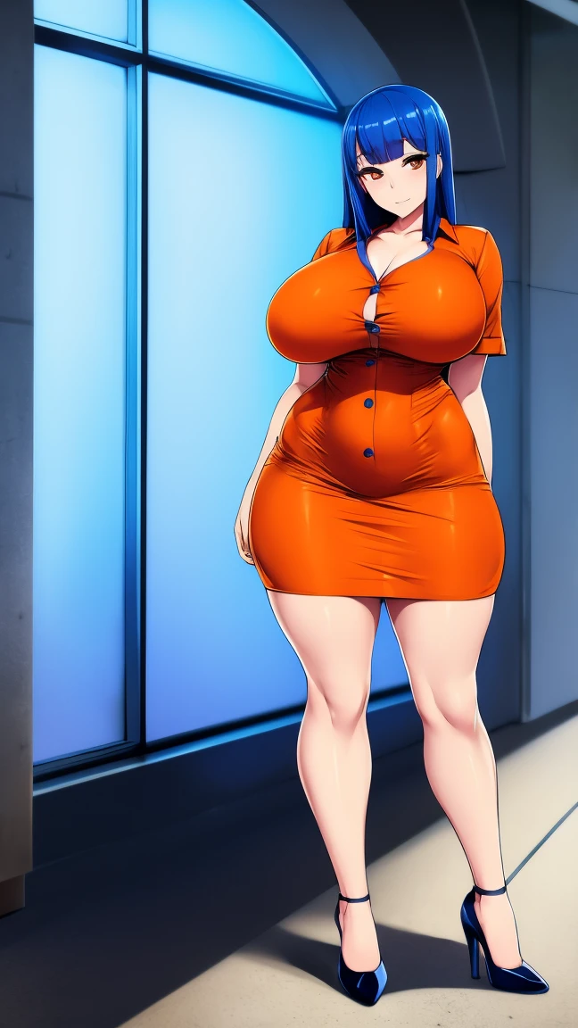 (High resolution, best quality:1.2), (40 years old:1.8), smiling, straight eyes, arms behind back, (pigeon toed:1), anime-style illustration of a housewife with huge breasts, brown hair covering one eye, wearing a metallic bikini and platform boots. She is standing in a dark room full of darkness. She has a devilish smile on her face. The background is lit by a mysterious light and there are large machines lined up.