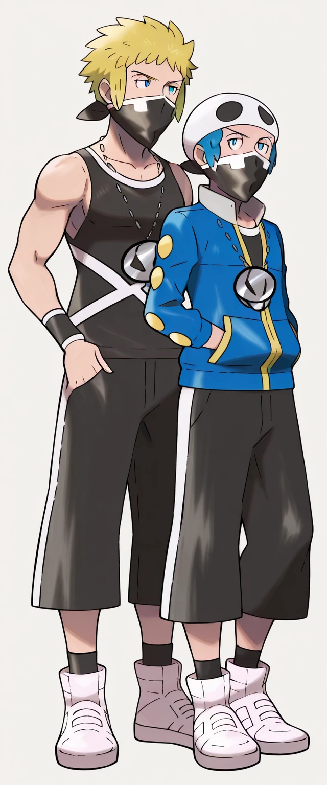   Two men together. Volkner (Pokemon) blonde hair, blue eyes, short hair, sidelocks
jacket, blue jacket, long sleeves, black shirt, pants and Team_Skull_Grunt_M, Beanie, Mask, Necklace, Black tank top, Black mini shortd extremely small, Sneakers, Forearm jewelry, Black socks, 