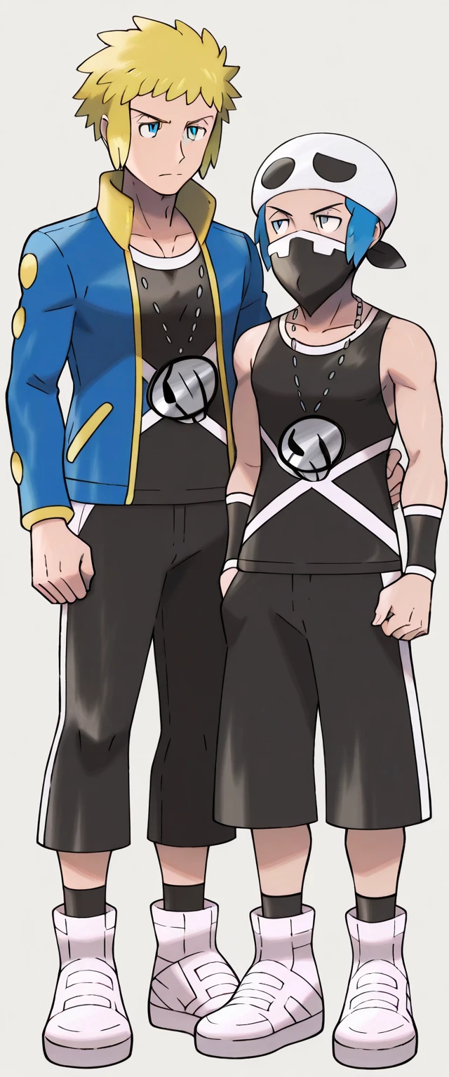   Two men together. Volkner (Pokemon) blonde hair, blue eyes, short hair, sidelocks
jacket, blue jacket, long sleeves, black shirt, pants and Team_Skull_Grunt_M, Beanie, Mask, Necklace, Black tank top, Black mini shortd extremely small, Sneakers, Forearm jewelry, Black socks, 