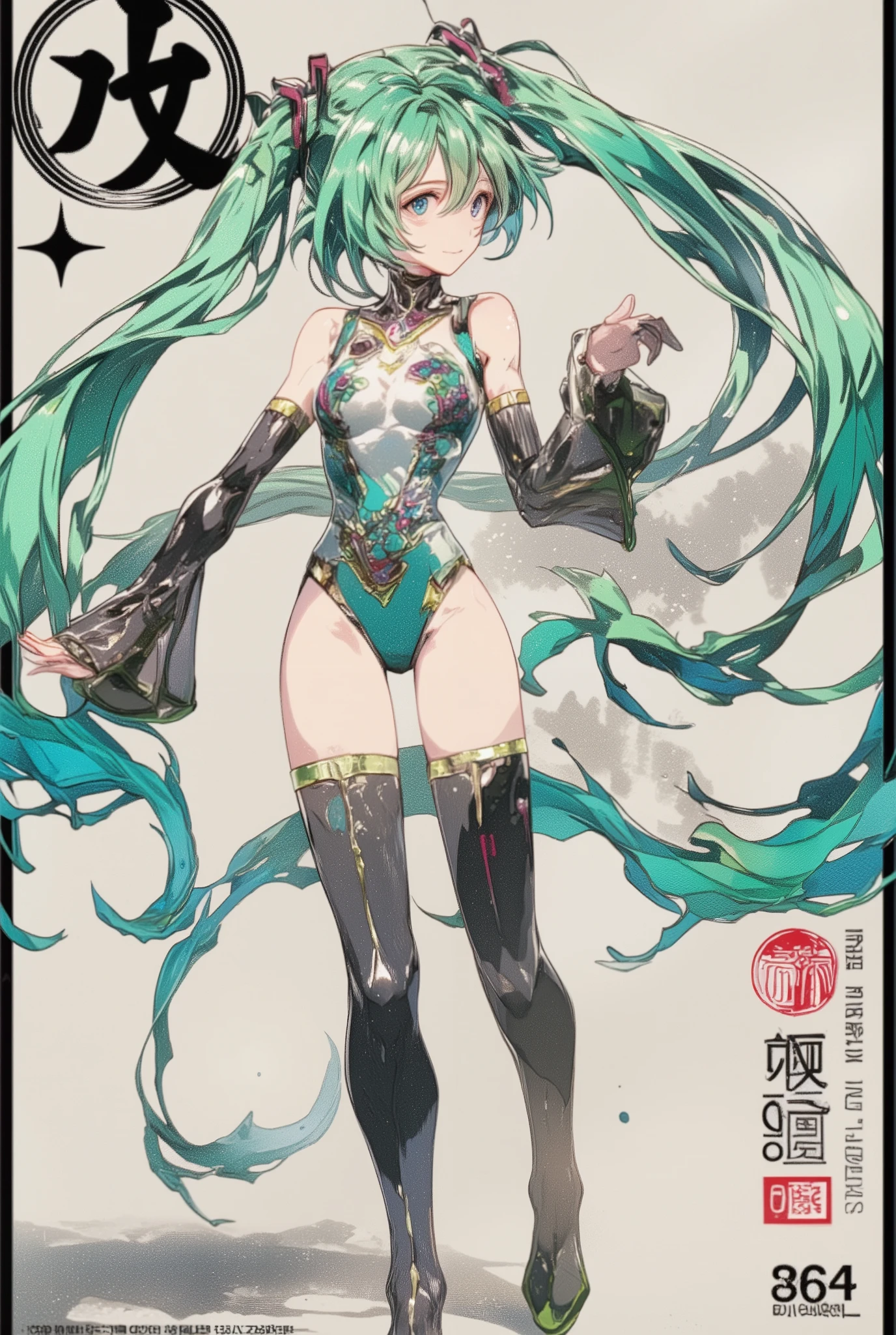 ( masterpiece、 Highest Quality、 Highest Quality、Official Art、 beautiful beautiful :1.2) Hatsune Miku、light green twin tail, beautiful breasts, ((Great choreography):1.13, ((Very smooth lines):1.2); expresses facial expression and posture through ink contrast, The background is a simple . emphasizes light, Shadow and space. Gymnast beauty painting. redhead, (pixie hairstyle), ((Fresh)), golden ratio, perfect face, (attractive body), ( fashion model's body ), Wearing a gymnastics leotard, Artwork , Figurative Art , dress neatly. Sexy Painting, Wallop | (Highest Quality, 4K, 8k, high resolution,masterpiece:1.2), Super Detail,(, photo, photo-:1.37).