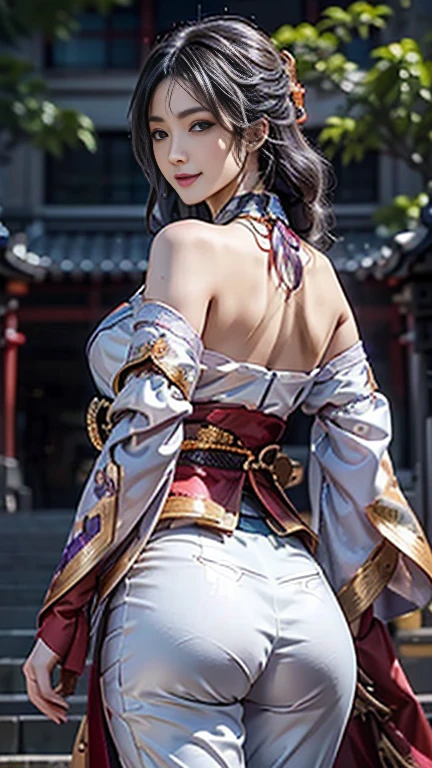 Unreal Engine 5 Realistic Rendering, physically-based rendering, RAW photo, highly detailed background, Standing on kyoto castle, high res, beautiful face, top body is hyperrealistic thicc muscle and hyper largest_breasts!! with the type of boobs_melons, lower is huge buttocks,