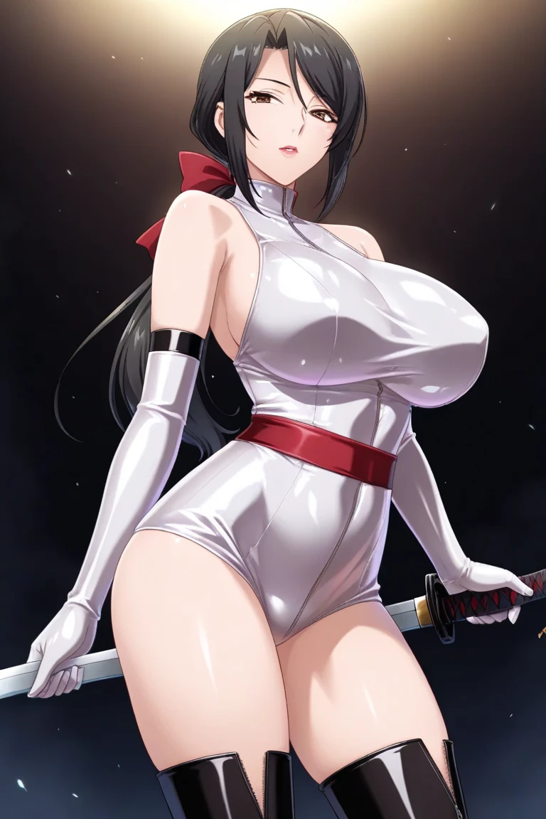 bright eyes, eyes red with light,A mature woman with black hair, long hair, eyes covered with cloth, wearing YoRHa No.2 Type B white body attire, holding a bright red katana, big breast,UHD, prime work, accurate, anatomically correct, textured skin, super details, high quality, best quality, 8k, high resolution, bokeh effect. (woman alone)

