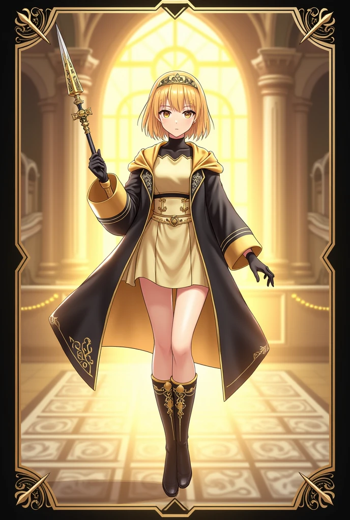 Anime Style Images, Full body image head to toe, , young man, ผมสีดำ, , long hair to the middle of the back, The hair is neatly arranged to the face, Hair tied in a ponytail, Red hair tie, headband fabric Red with gold pattern, black eyes, ใบหน้า castingเหลาราวกับเทพบุตร,  casting, cool, looks discreet as an adult, face, indifferent, emotionless,, , strong body shape, , muscles tight but slender,, Muscles in bundles, Wearing a black tight-fitting sleeved shirt decorated with gold pattern, black tights adorned with gold patterns, Wear a black waistcoat decorated with gold patterns, ankle-length waistband, with a black strap and belt fastened to the dress,, Black Gloves, . The left arm is wearing gold steel armor, covering it from the shoulder head to the forearm, , wear a red shawl decorated with gold patterns under the shoulder armor., ชุดดู castingcoolมาก, gold steel armoured boots, The background is a huge arena with many people staring inside the arena., arena. Very large, Lightning Spear, Top details, Anatomically qualified ,  maximum contrast, The right hand holds a silver double-edged long spear, put the spear handle on the back, Spear looks good, หอกสุดcool, Black card border at picture edge, Game card style, Collectible card style, shiny gold border on black card border