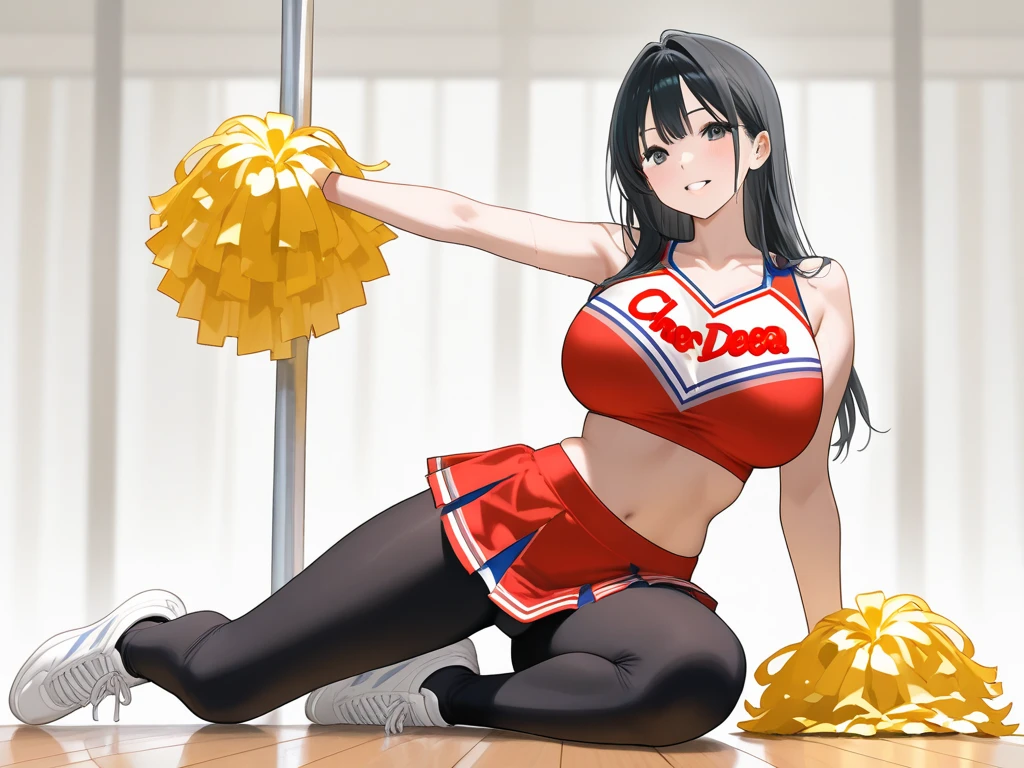 yor briar, 1girl, backlighting, bare shoulders, black hair, breasts, huge breasts, huge ass, huge thighs, narrow waist, wide hips, thick thighs, curvy, cleavage, closed mouth, earrings, floating hair, f gold earrings, gold hairband, hair flower, hair ornament, hairband, long hair, looking at viewer, hands in the air, jumping, pompoms, cheerleader, cheerleader outfit, mini skirt, exposed midriff, underboob, bouncing breasts, collar,blushing,sweating, (breathing hard), (panting), anime, farm, smile, red eyes, short hair with long locks, sidelocks, solo, ((masterpiece))