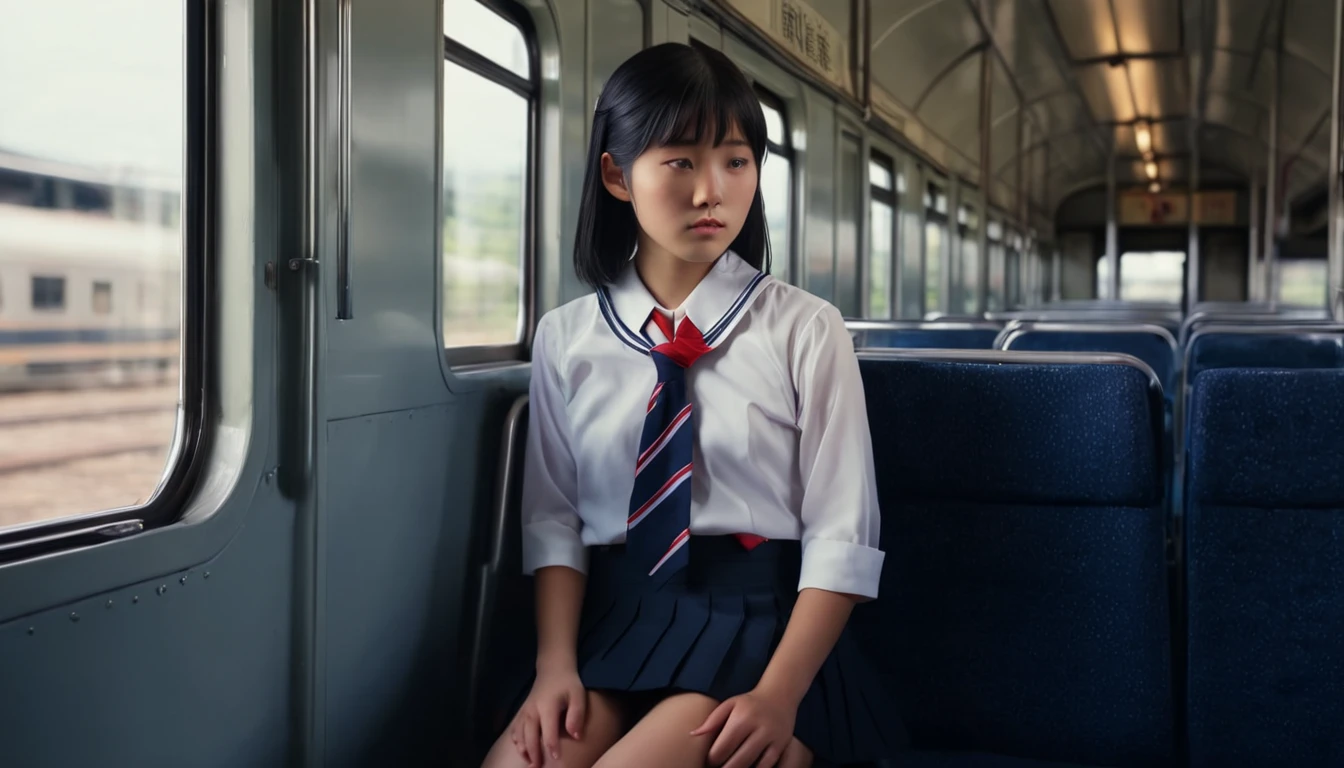 arafed asian woman in a short skirt and bow tie, half squat on a train, cute schoolgirl, japanese girl school uniform, wearing japanese school uniform, japanese school uniform, a hyperrealistic schoolgirl, dressed as schoolgirl, hyperrealistic schoolgirl, wearing school uniform, realistic schoolgirl, girl wearing uniform, wearing a school uniform, of a schoolgirl posing, full body, nice skin, glowing skin, nice thighs,glowing thighs, glowing legs