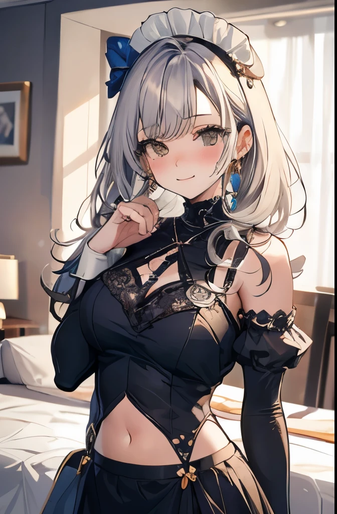masterpiece, best quality, HD, 4K, Ultra-high resolution, Extreme Detail, Super detailed,beautiful eyes, beautiful hair, Beautiful side, beautiful skin, It has to be realistic, white hair, blue eyes, heart-shaped irises, big breasts, black thigh socks, , lift 1 leg,ahegao, blush, Charming smile, from the top down,Close-up, Look at the viewer, bed