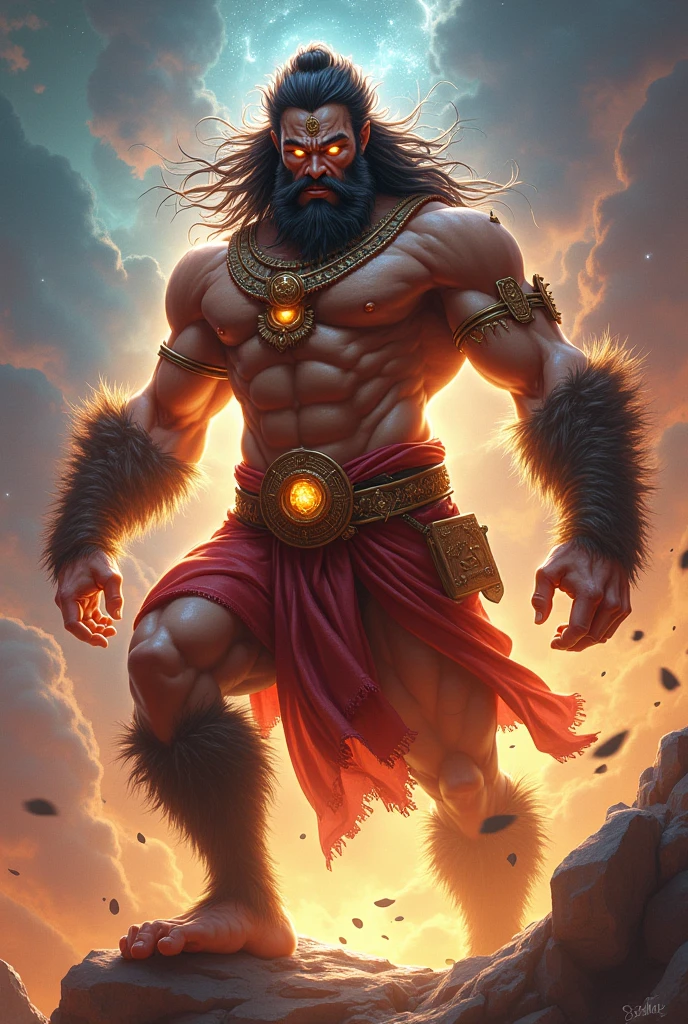 Lord Hanuman surrounded by mountains, red crystals and red flowers.