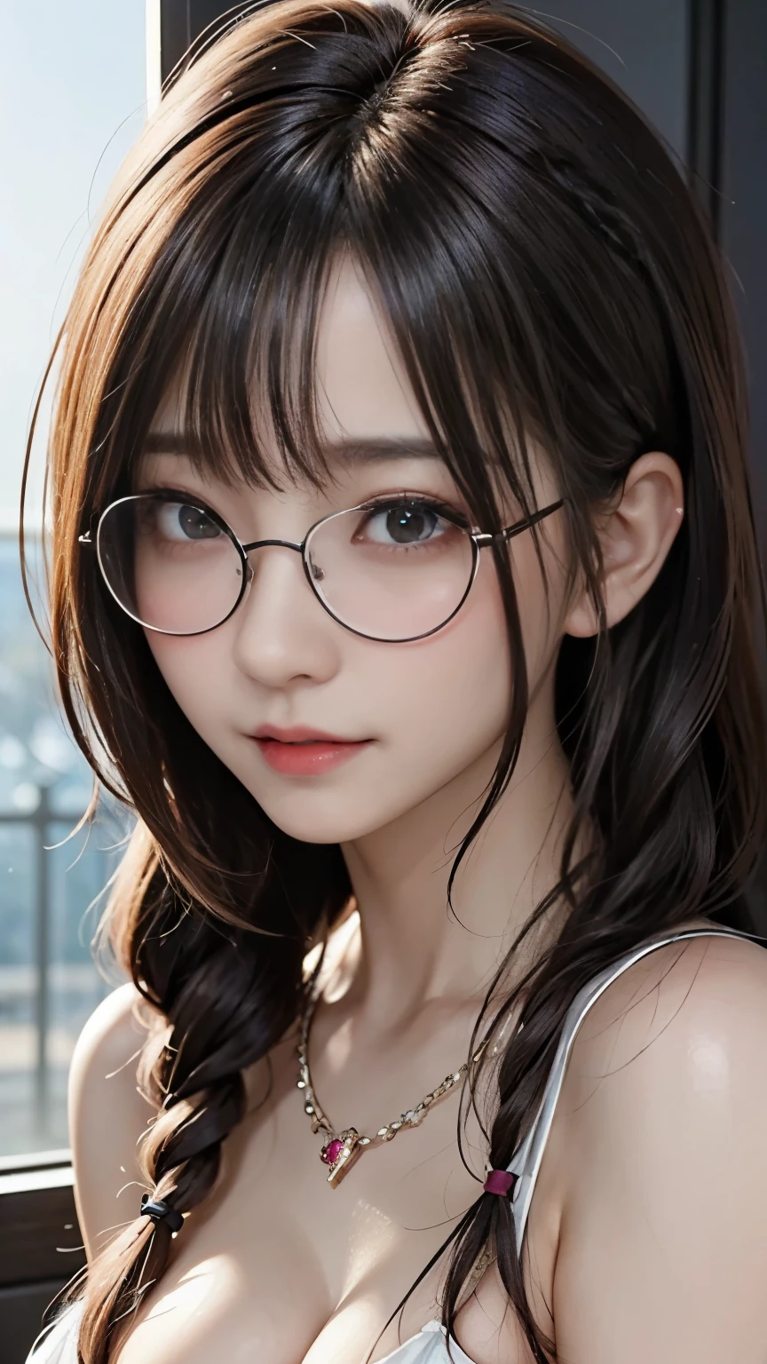 background(Black Night Sky,Big Moon),Woman close up,Wearing a white shirt、Purple Hair,Very long hair,very thick braids,Purple eyes,big 、((((Glasses))))、realistic girl rendering, 8k artistic german bokeh, Enchanting girl, Realistic girl, Gurwitz, Gurwitz-style artwork, Girl Roleplay, Realistic 3D style, cgstation Popular Topics,, 8K Portrait Rendering,(Faithfulness,Faithfulness:1.4),Wear pink pajamas,巨big ,Sparkling eyes,Purple eyes、Two Girls、highest quality、Super detailed、4K、Japanese、Captivating beauty、Attractive adult woman、Beautiful woman、Cool girl、evil female、Brainwashed、brainwashing、Fallen into evil、Grin、Evil expression、Evil smile、evil、Brown Hair、Wavy Hair、Swept-apart bangs、Heavy makeup、Heavy makeup、Sharp Eye、Hollow Eyes,Half-closed eyes、Hollow Eyes、Purple Eyeshadow、Black lipstick、Black lip gloss、Long black cheongsam、Wide sleeves、night、Spooky Fortresakeup brush、compensate、Are standing、