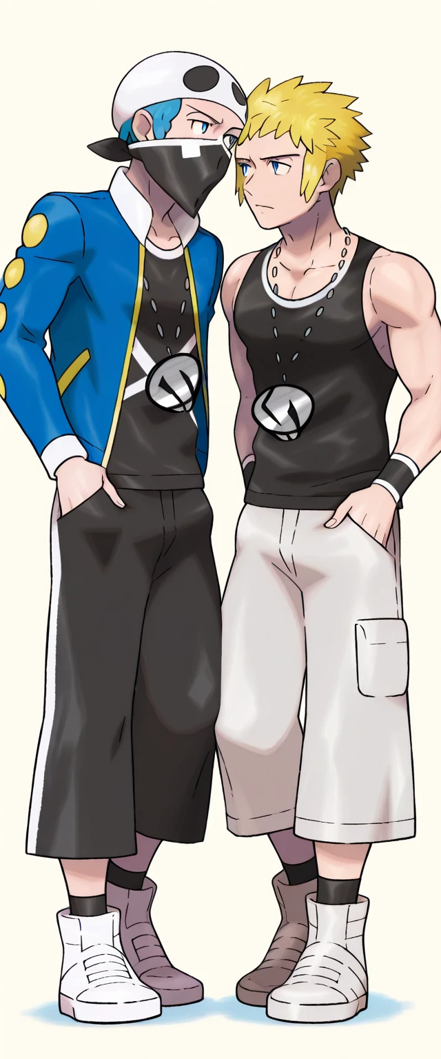   Two men together. Volkner (Pokemon) blonde hair, blue eyes, short hair, sidelocks
jacket, blue jacket, long sleeves, black shirt, pants and Team_Skull_Grunt_M, Beanie, Mask, Necklace, Black tank top, Black mini shortd extremely small, Sneakers, Forearm jewelry, Black socks, 