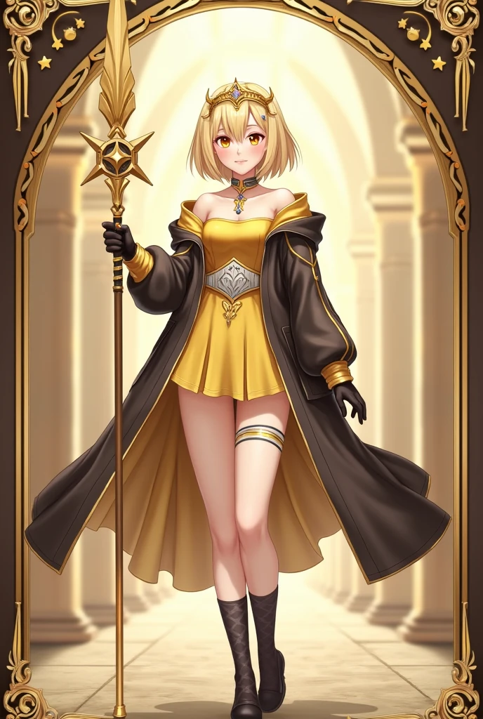 Anime Style Images, Full body image head to toe, , young man, ผมสีดำ, , long hair to the middle of the back, The hair is neatly arranged to the face, Hair tied in a ponytail, Red hair tie, headband fabric Red with gold pattern, black eyes, ใบหน้า castingเหลาราวกับเทพบุตร,  casting, cool, looks discreet as an adult, face, indifferent, emotionless,, , strong body shape, , muscles tight but slender,, Muscles in bundles, Wearing a black tight-fitting sleeved shirt decorated with gold pattern, black tights adorned with gold patterns, Wear a black waistcoat decorated with gold patterns, ankle-length waistband, with a black strap and belt fastened to the dress,, Black Gloves, . The left arm is wearing gold steel armor, covering it from the shoulder head to the forearm, , wear a red shawl decorated with gold patterns under the shoulder armor., ชุดดู castingcoolมาก, gold steel armoured boots, The background is a huge arena with many people staring inside the arena., arena. Very large, Lightning Spear, Top details, Anatomically qualified ,  maximum contrast, The right hand holds a silver double-edged long spear, put the spear handle on the back, Spear looks good, หอกสุดcool, Black card border at picture edge, Game card style, Collectible card style, shiny gold border on black card border