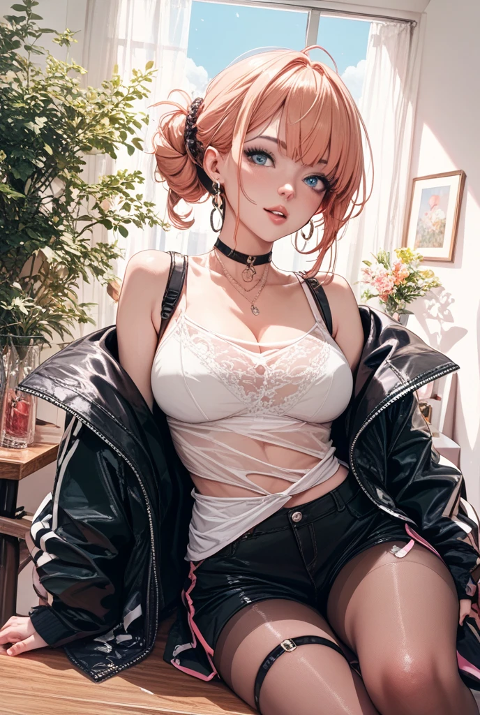 Masterpiece, Score_9, score_8_up, 8k, ultra-detailed, Ultra-high resolution, high-quality, mature girl, 1girl, cute, scrunhie, perfect human anatomy, vibrance magenta hair, short hair, miss secretary, elegant, looking at viewer, medium breasts, strip bra, mini pants, cowboy shot, annoyed, serious expressions, closed mouth, fur jacket, bar shoulders, sunglasses, bedroom background, sexy