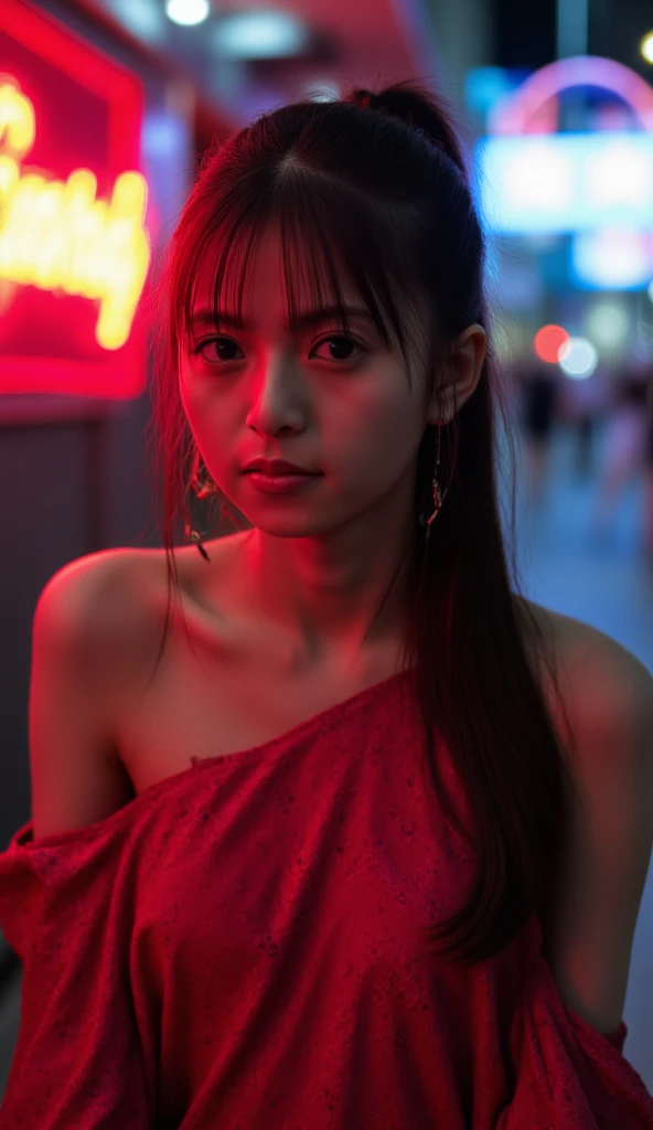 8years old、looking at the viewers、、realisitic、女の子1人、a small face、、cowboy shot、Narrow and cramped room、Camisole、、Japan's Red Light District、((((Prostitutes))))、(deep in the night)、(Night view from the window)