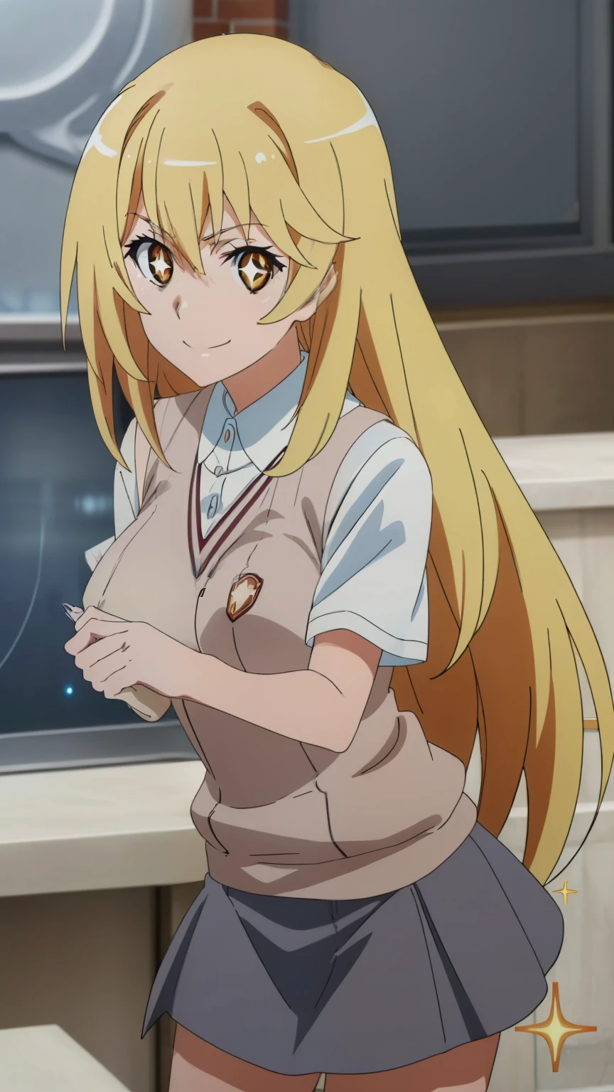 (highest quality, High resolution, 8k, masterpiece: 1.2), Very detailed, (Anime), Misaki Shokuhou, orange eyes, (pupils sparkling:1.2), Beautiful character design, Perfect eyes, Perfect face, Expressive eyes, Perfect balance, smile, blonde, Long Hair, large medium breast, nffsw, (tokiwadai school uniform, short sleeve, black mini skirt, smile), (A Certain Scientific Railgun character Shokuhou Misaki), (cowboy shot:1.2),