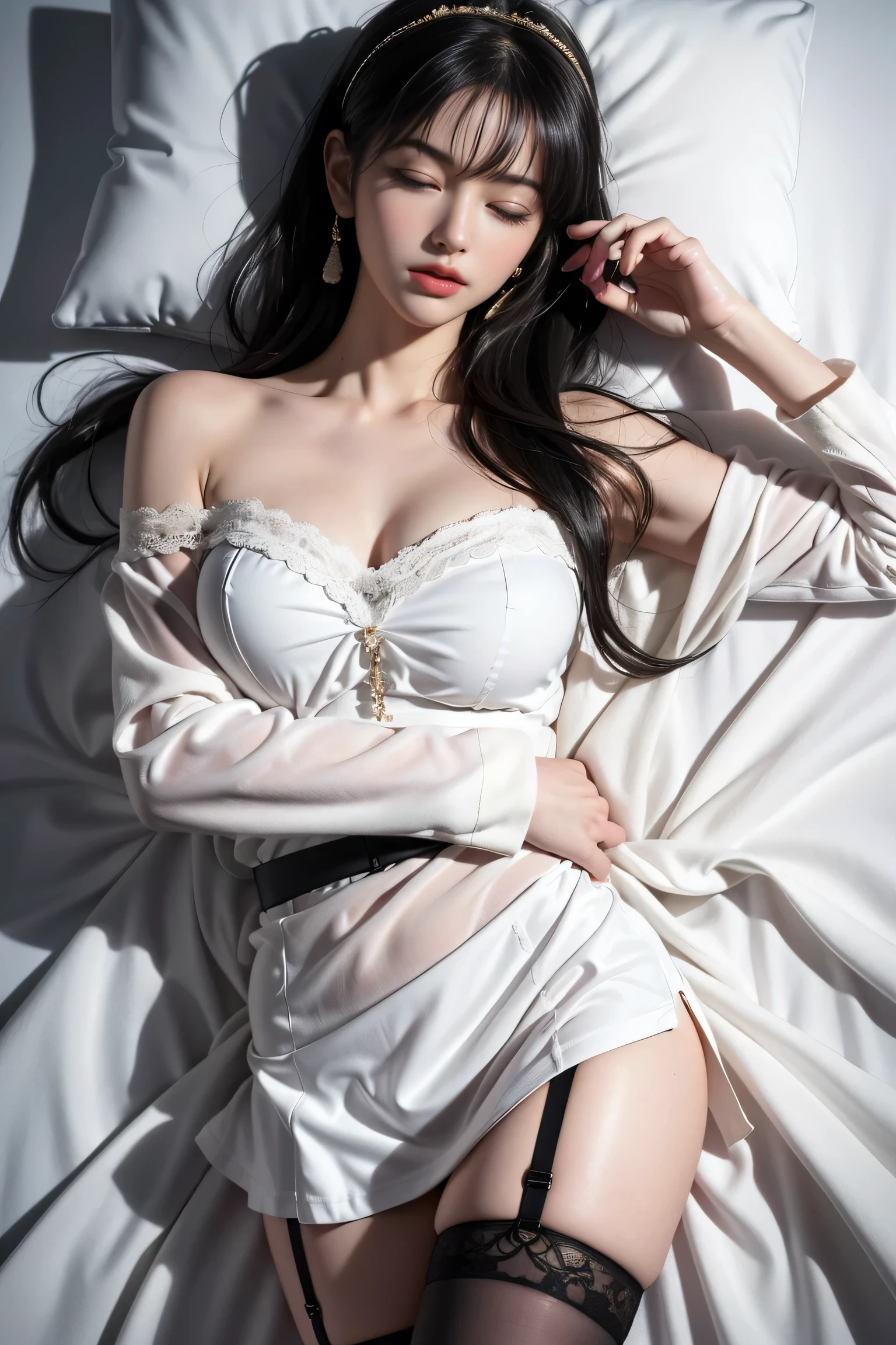 (shoulder-length straight short hair: 1.0),(black hair:1.5),（Extremely meticulous CG 8k wallpaper），（Extremely refined and beautiful），（Masterpiece），（best qualtiy:1.0），（Ultra High Resolution:1.0），beautiful light up，Perfect lightning，realistic shaded，[A high resolution],(Smooth and flawless fair skin:1.5),(shiny skin:1.5),Extremely exquisite facial details，ultra - detailed，A  girl，small head,(Tie a black dog collar around neck:1.5),dawn,Dim light,Close Shot,at home,in bedroom,lying flat on back in bed,Blue green background,(Close eyes:1.5), sleeping, fainting,(Painful:1.3), (Tears:1.5) ,(open mouth:1.3),(drooling:1.4)，Top down overhead camera perspective，small face,（perfect body:1.1）,small breasts，flat chest，slim,(white pajama shirt:1.5),(white pantyhose:1.3),Slender legs,m-legs,(femal orgasmic:1.5),(blush:1.3),ahegao,cowboy shot,portrait