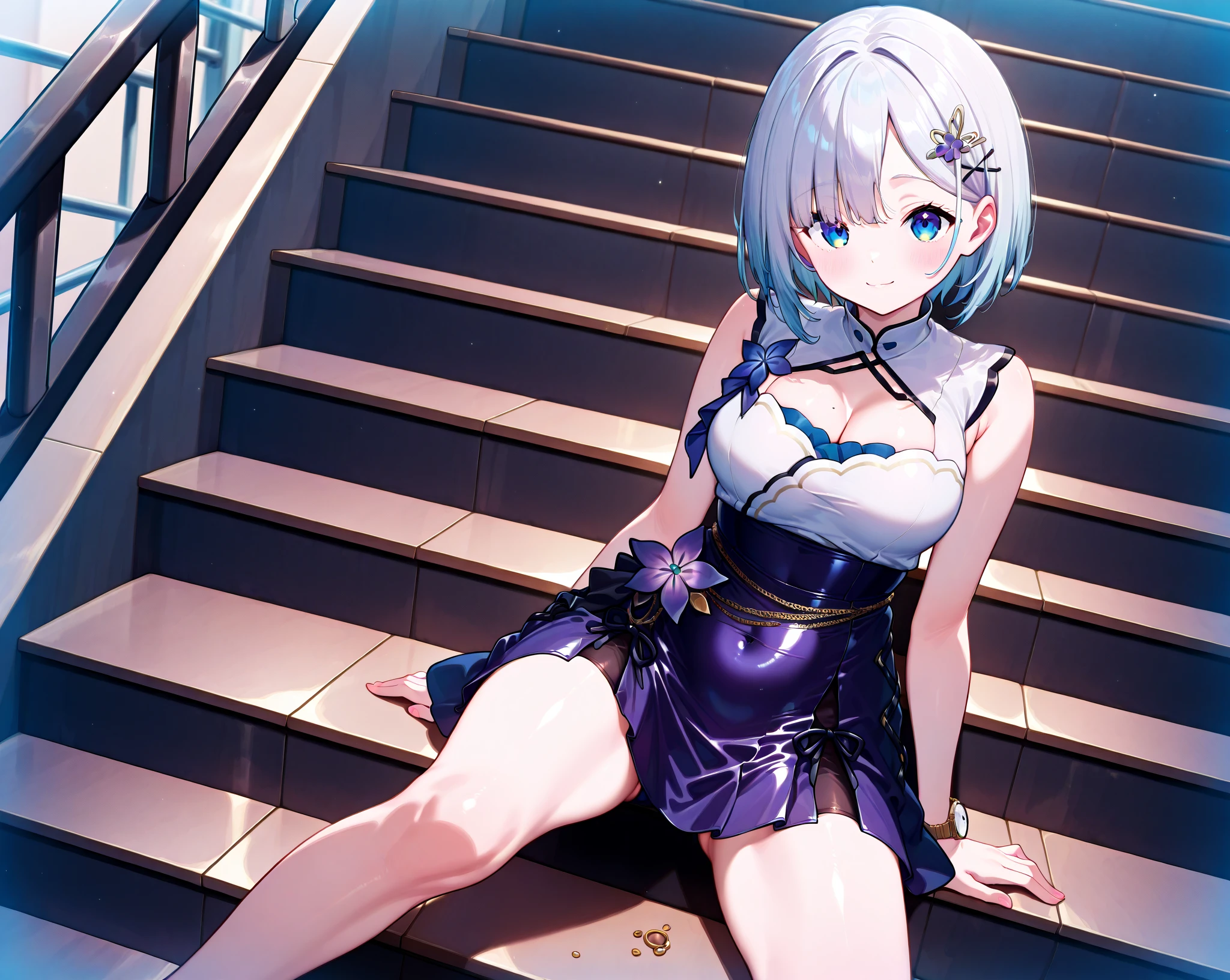 ((Best illustration)), super clear and delicate, lying position, loli style, white hair, clear eyes, small body, big breasts, with leg rings.