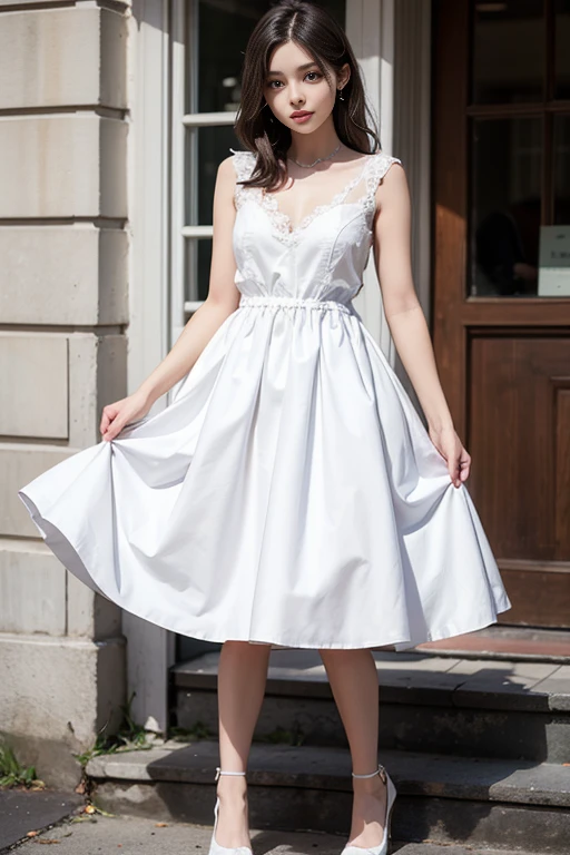 (8k、RAW Photos、highest quality、masterpiece:1.2)、(Realistic、Realistic)、1 girl、((White long skirt、Off the shoulder、See-through、Long Hair、Frills、smile、Large Breasts、Sandals、whole body、garden、View from the front、looking at the camera、Standing with hands on hips))、
