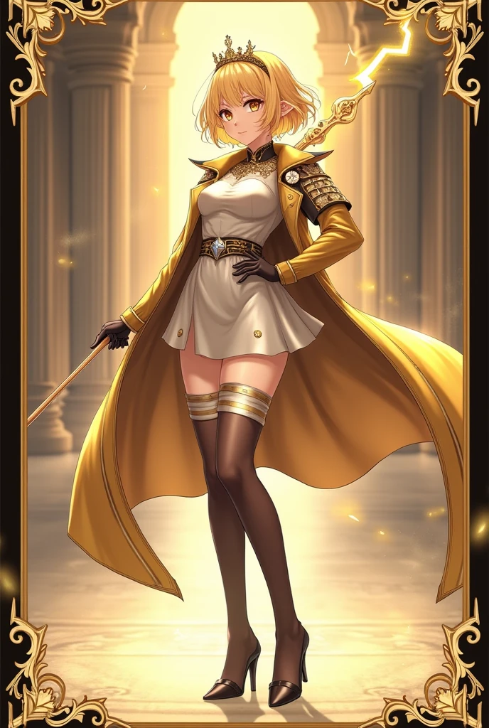 Anime Style Images, Full body image head to toe, , young man, ผมสีดำ, , long hair to the middle of the back, The hair is neatly arranged to the face, Hair tied in a ponytail, Red hair tie, headband fabric Red with gold pattern, black eyes, ใบหน้า castingเหลาราวกับเทพบุตร,  casting, cool, looks discreet as an adult, face, indifferent, emotionless,, , strong body shape, , muscles tight but slender,, Muscles in bundles, Wearing a black tight-fitting sleeved shirt decorated with gold pattern, black tights adorned with gold patterns, Wear a black waistcoat decorated with gold patterns, ankle-length waistband, with a black strap and belt fastened to the dress,, Black Gloves, . The left arm is wearing gold steel armor, covering it from the shoulder head to the forearm, , wear a red shawl decorated with gold patterns under the shoulder armor., ชุดดู castingcoolมาก, gold steel armoured boots, The background is a huge arena with many people staring inside the arena., arena. Very large, Lightning Spear, Top details, Anatomically qualified ,  maximum contrast, The right hand holds a silver double-edged long spear, put the spear handle on the back, Spear looks good, หอกสุดcool, Black card border at picture edge, Game card style, Collectible card style, shiny gold border on black card border