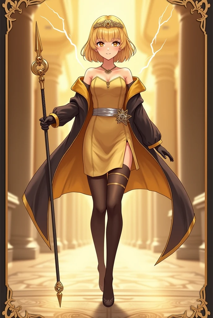 Anime Style Images, Full body image head to toe, , young man, ผมสีดำ, , long hair to the middle of the back, The hair is neatly arranged to the face, Hair tied in a ponytail, Red hair tie, headband fabric Red with gold pattern, black eyes, ใบหน้า castingเหลาราวกับเทพบุตร,  casting, cool, looks discreet as an adult, face, indifferent, emotionless,, , strong body shape, , muscles tight but slender,, Muscles in bundles, Wearing a black tight-fitting sleeved shirt decorated with gold pattern, black tights adorned with gold patterns, Wear a black waistcoat decorated with gold patterns, ankle-length waistband, with a black strap and belt fastened to the dress,, Black Gloves, . The left arm is wearing gold steel armor, covering it from the shoulder head to the forearm, , wear a red shawl decorated with gold patterns under the shoulder armor., ชุดดู castingcoolมาก, gold steel armoured boots, The background is a huge arena with many people staring inside the arena., arena. Very large, Lightning Spear, Top details, Anatomically qualified ,  maximum contrast, The right hand holds a silver double-edged long spear, put the spear handle on the back, Spear looks good, หอกสุดcool, Black card border at picture edge, Game card style, Collectible card style, shiny gold border on black card border