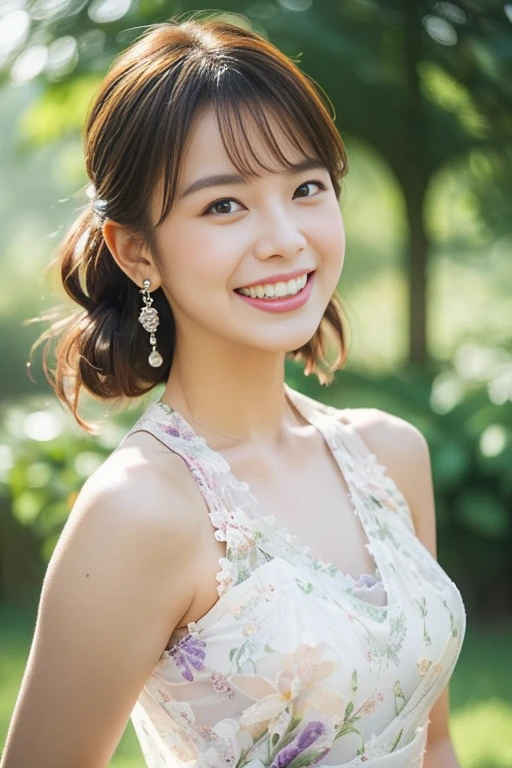 Medium Size Display, Medium Shot, Written boundary depth, bust, Upper Body, Movie angle, masterpiece, highest quality, Very detailed, CG, 8k wallpaper, Beautiful Face, Delicate eyes, alone, smile, cute、Pink Dress、Floral Background