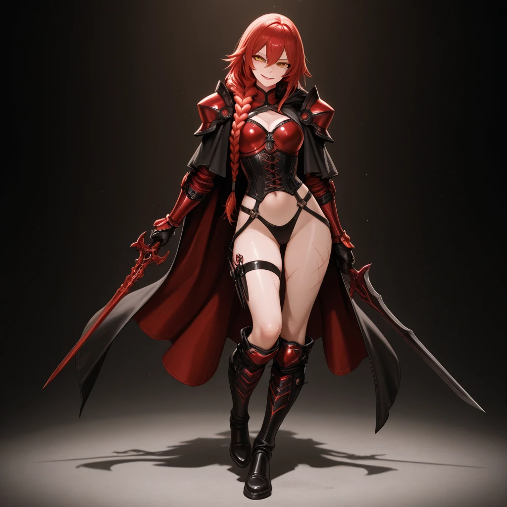 Masterpiece, 1girl, (daemon-like girl), red hair and Green eyes, with dark skin tone and 2 small horns, detailed face, detailed hair, detailed eyes, detailed costume, full body, Lady knight and princes, light armor, fantasy, closed mouth, action pose, detailed, enchanted dark forest, (dark fairytale), unconditional love, emotional