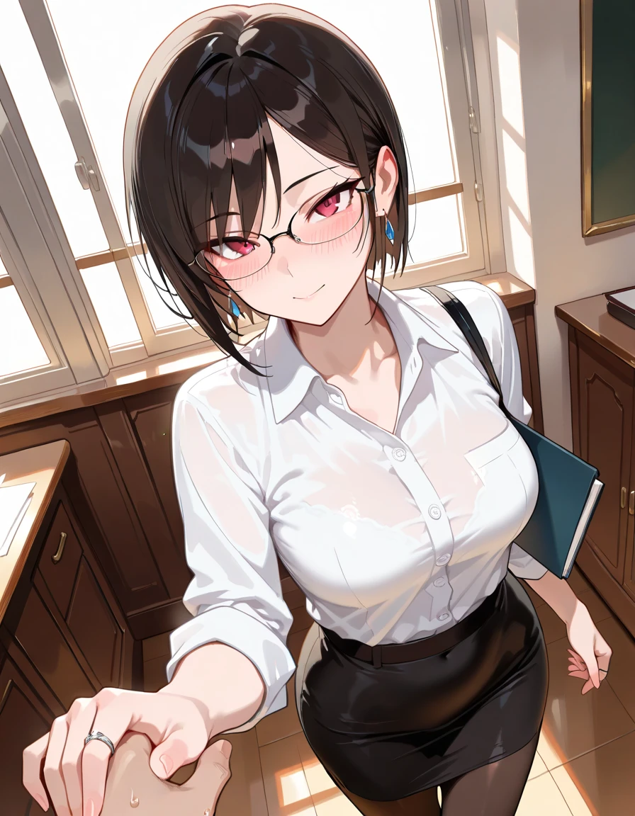 1 female、brown haired、Brown eyes、Black-rimmed glasses、seductive boobs、gorgeous faces、Perfect body。Best Quality、ultra-detailliert、8K resolution、Raw photo、masutepiece。a smile。camisole、shortpants。