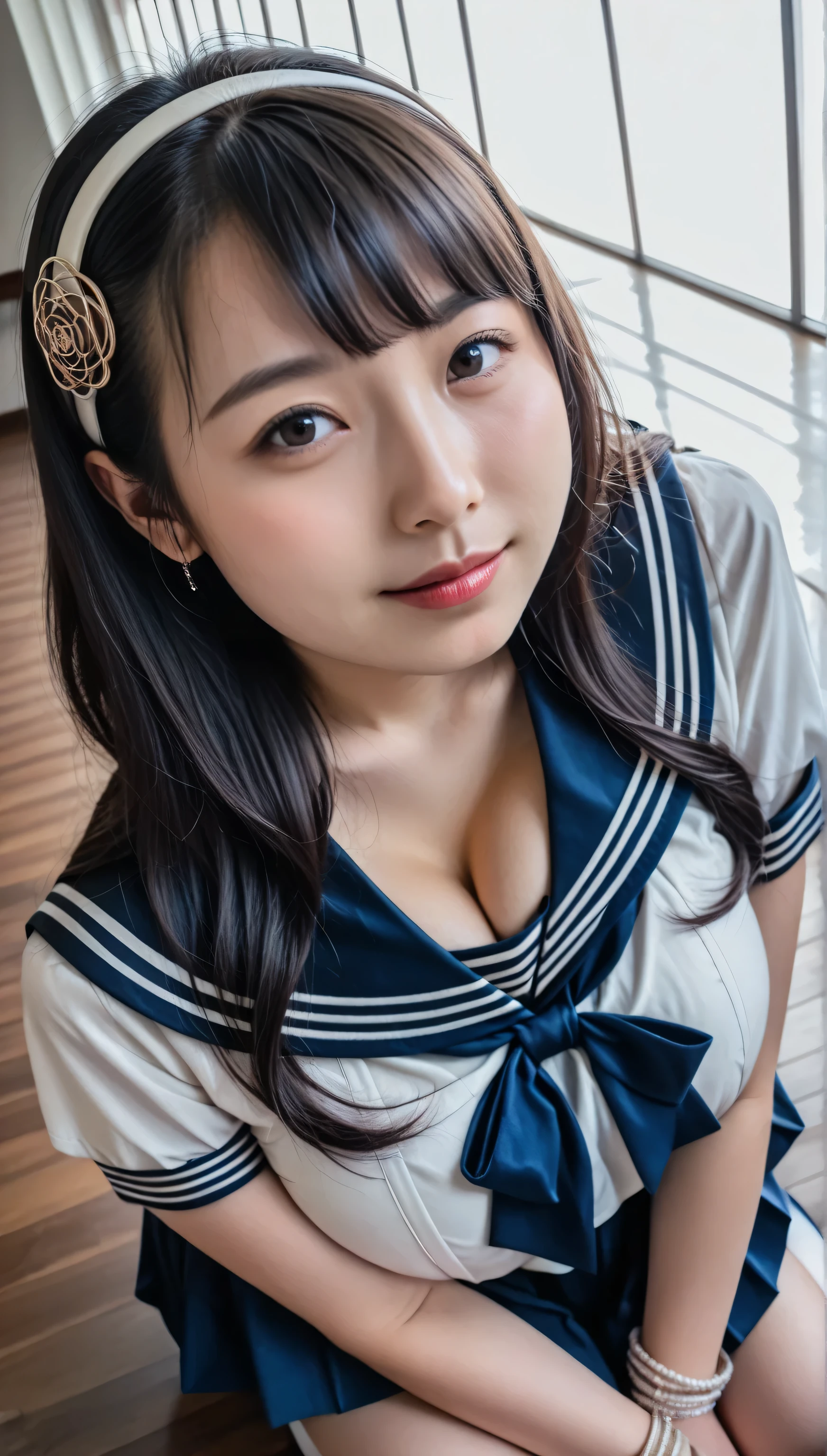 One person(((Cute baby face)))Beautiful woman with a round face, (Wear a high school sailor uniform:1.2), (((とてもCute baby faceの日本のアイドルの写真集))),
( RAW photos , Highest Quality), (realistic, photorealistic:1.4), (masterpiece),
very delicate and beautiful, Very Detailed, 2k wallpaper, wonderful, finely, Very Detailed CG Unity 8K 壁紙, Super Detail, high resolution, Soft light,
Beautiful Detailed Girls, (((Very Detailed奥二重の少し細い目)))and face, beautifully detailed nose, finelyて美しい濃い茶色の目, with straight, beautiful eyebrows,(((beautiful black hair))),Cinematic Lighting,
((((fashion accessories)))), ((((The background is above the stage :2.55)))),
Complete Anatomy, glamorous body, small, normal expression,((((Unbelievably Big Breasts:3.95)))),