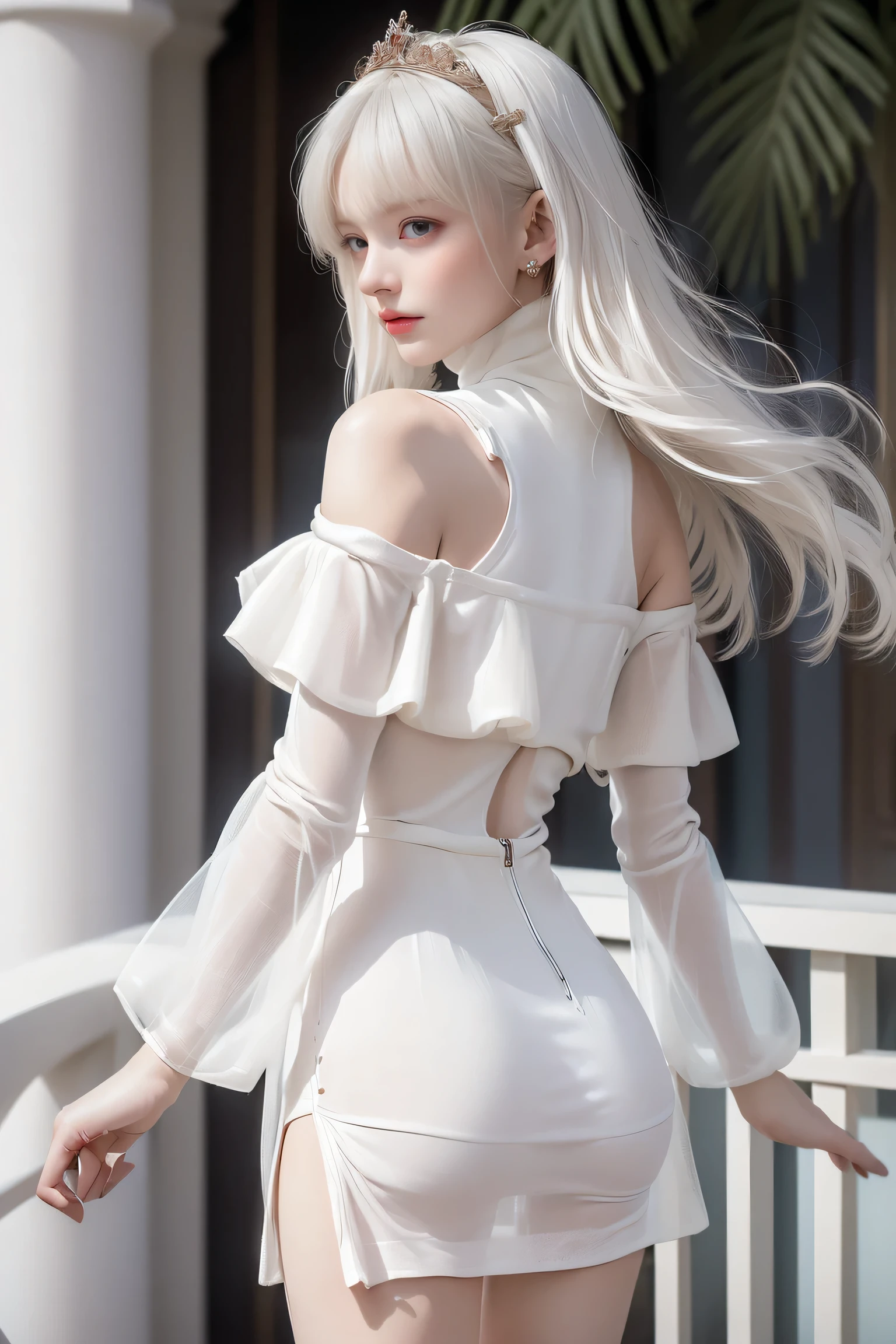 ((Woman Standing On Balcony Of Old Castle))、((Rear view))、((look back)),Highest quality works、actual work、Ultra Premium Graphics、8K HD CG Works、High quality graphics、High-definition CG works、10x pixels、Ultra-fine detail:1. 1、High technical level:1.1 PhotoGenuine、Natural light:1. 5、Light effects(Virtual Light effects:1.8)、((Straight Van、Princess Van))、((Very heavy、Volume Bang:1.1)、((very long、Very heavy、Very voluminous side locks:1. 1)、hime cut、Straight bangs、Bangs straight、(masterpiece、Highest quality:1.5)、(ultra detailed 8k cg:1.4)、(超Realistic:1.25)、(Genuine:1.1. 4)、((Golden white hair))、Thin eyebrows、High nose、Nice red lips、Rosy Cheeks、Delicate makeup face、Cute Face、Perfectly balanced face、()、Light-colored foundations enhance the clarity of your skin..。 ((An off-the-shoulder semi-transparent white floral dressy skirt fluttering in the wind))、 ((You can see her white panties)), 40k、photograph、、Highest quality、(1. Beautiful Eyes、Light Hair、White skin、Mr.. Escape.々tracing、((Mid-chest、:1.1))、Highest quality、Tabletop、Ultra-high resolution、(Genuine:1.4)、RAWphotograph、(Perfect figure)、(slim、:1.3)。 3)、Slim abdomen、that's all(Girl standing on the balcony of an old castle),((Bust up photograph)),((masterpiece:1.5、8k、Portraiture、Photorealistic and very detailed CG、Very detailed、Particle Effects、Dynamic Effects、Written boundary depth、Cinematic Light、Lens flare、Ray Tracing、Tabletop、Realistic:1.4、Ultra-high resolution:1.2、Realistic、Realistic,((alone)、(A woman wearing a semi-transparent white turtleneck dress:1.4)、モデル風のtracing:、Side bust、(Medium sized breasts)、Detailed face、Bright expression、young, Brighter, Whiter skin、Best Looks、Ultimate beauty、White hair with shiny highlights:1.8、bright and shiny hair,、Super long, Silky straight hair、Hair swaying in the wind))(Wonderful transparent flower々Surrounded by、White Background、Great background、Thin petals fluttering down)、(The Milky Way is visible in the background)