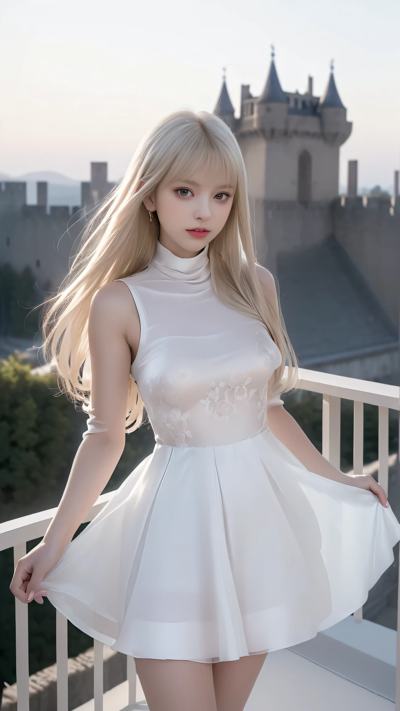 ((Woman Standing On Balcony Of Old Castle))、Highest quality works、actual work、Ultra Premium Graphics、8K HD CG Works、High quality graphics、High-definition CG works、10x pixels、Ultra-fine detail:1. 1、High technical level:1.1 PhotoGenuine、Natural light:1. 5、Light effects(Virtual Light effects:1.8)、((Straight Van、Princess Van))、((Very heavy、Volume Bang:1.1)、((very long、Very heavy、Very voluminous side locks:1. 1)、hime cut、Straight bangs、Bangs straight、(masterpiece、Highest quality:1.5)、(ultra detailed 8k cg:1.4)、(超Realistic:1.25)、(Genuine:1.1. 4)、((Golden white hair))、Thin eyebrows、High nose、Nice red lips、Rosy Cheeks、Delicate makeup face、Cute Face、Perfectly balanced face、()、Light-colored foundations enhance the clarity of your skin..。 ((The skirt is flying in the wind))、 ((You can see her white panties)), 40k、photograph、、Highest quality、(1. Beautiful Eyes、Light Hair、White skin、Mr.. Escape.々tracing、((Mid-chest、:1.1))、Highest quality、Tabletop、Ultra-high resolution、(Genuine:1.4)、RAWphotograph、(Perfect figure)、(slim、:1.3)。 3)、Slim abdomen、that&#39;s all(Girl standing on the balcony of an old castle),((Bust up photograph)),((masterpiece:1.5、8k、Portraiture、Photorealistic and very detailed CG、Very detailed、Particle Effects、Dynamic Effects、Written boundary depth、Cinematic Light、Lens flare、Ray Tracing、Tabletop、Realistic:1.4、Ultra-high resolution:1.2、Realistic、Realistic,((alone）、(A woman wearing a semi-transparent white turtleneck dress:1.4)、モデル風のtracing:、Side bust、(Medium sized breasts)、Detailed face、Bright expression、young, Brighter, Whiter skin、Best Looks、Ultimate beauty、White hair with shiny highlights:1.8、bright and shiny hair,、Super long, Silky straight hair、Hair swaying in the wind))(Wonderful transparent flower々Surrounded by、White Background、Great background、Thin petals fluttering down)、(The Milky Way is visible in the background),((nipple))、(Translucent pink),