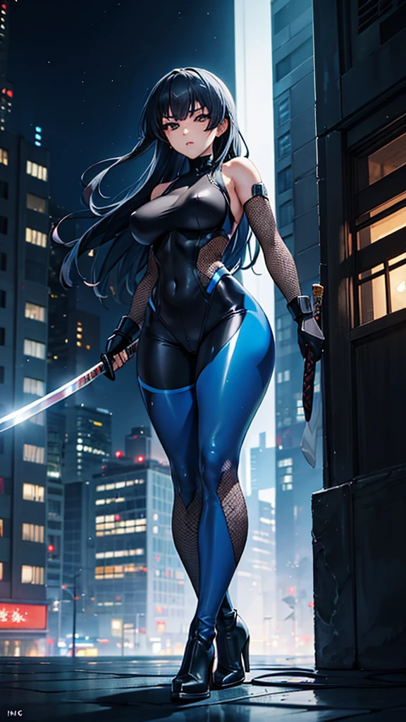 Black and white two-color long straight hair side ponytail young female swordsman turquoise fluorescent full body tights sci-fi armor chest cleavage panties pantyhose high shoes apocalyptic ruined city