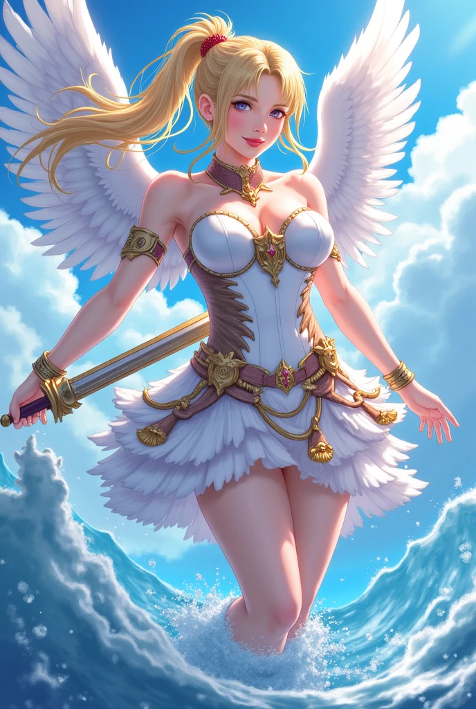 winged elf druid with white long hair, big boobs, with a short sword and cute costume