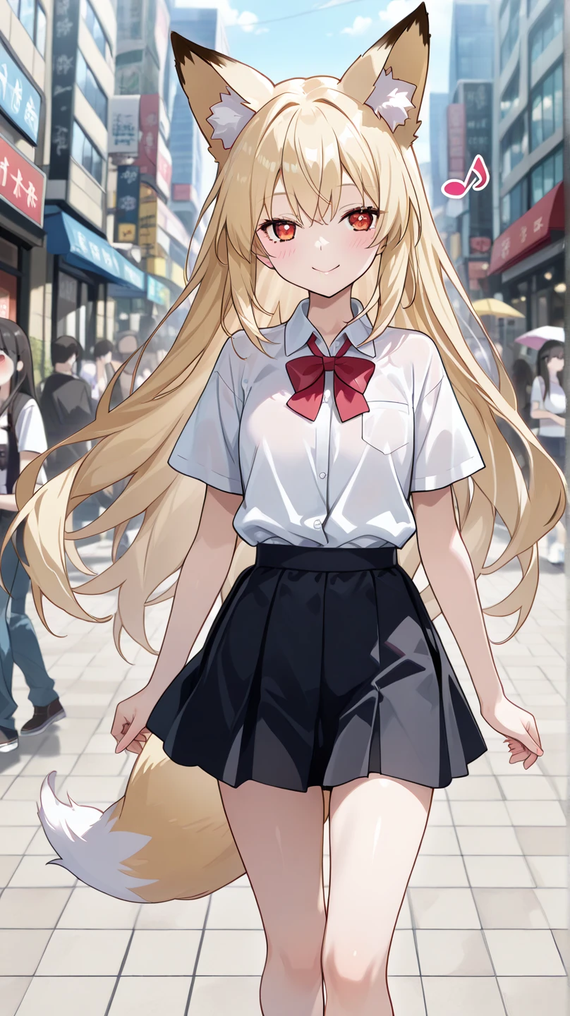 (best quality, 8k, masterpiece:1.2), cute, hot, smile, blushed, school dress, perfect eyes, expressive eyes, dynamic pose, city background, cityscape, simple background, beautiful pose, full body