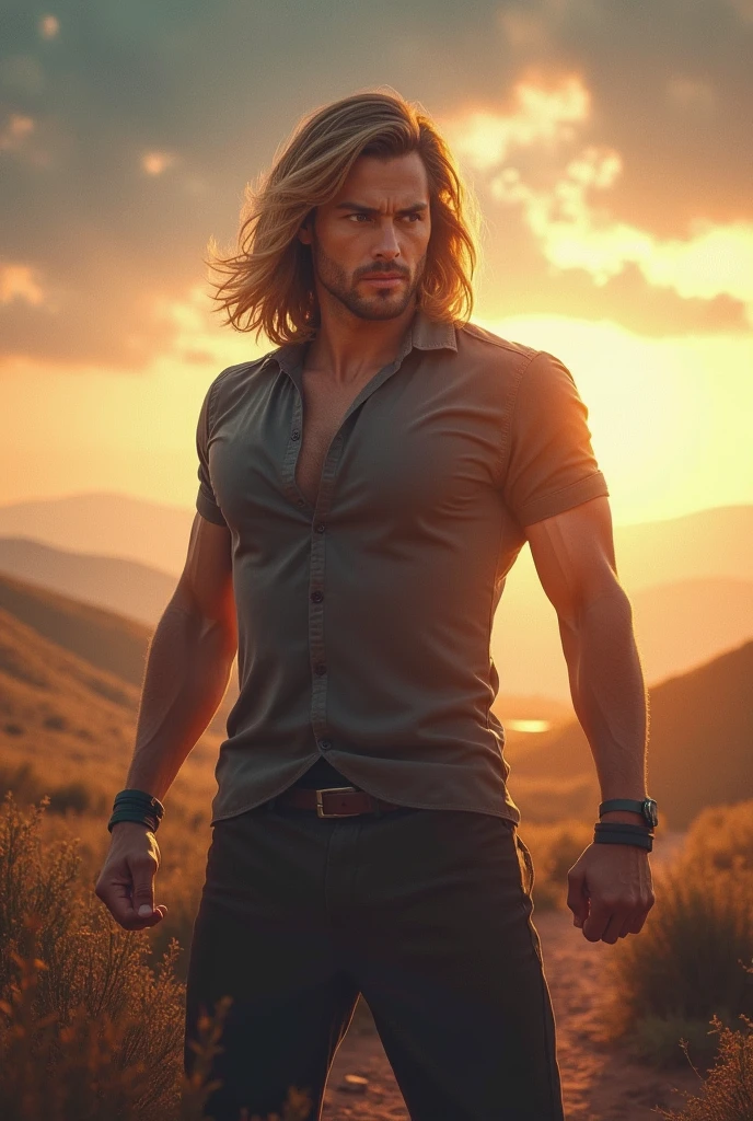 An 18-year-old boy bodybuilder, embodying the perfect fusion of Joey Lawrence and Cody Calafiore with long hair, exuding an aura of strength and confidence. Enhanced with HDR technology, this image depicts a true masterpiece, 4K resolution, outdoor lighting, majestic pose, perfect muscle structure, in the style of Modern Bride Magazine