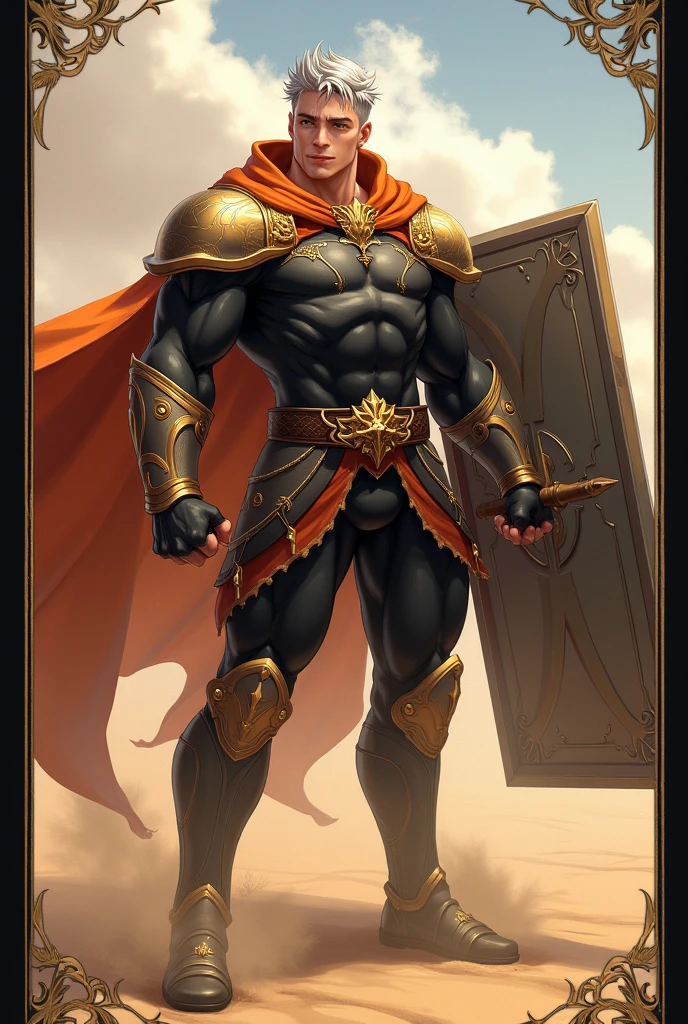 Anime Style Images, Full body image head to toe, , young man, ผมสีดำ, , long hair to the middle of the back, The hair is neatly arranged to the face, Hair tied in a ponytail, Red hair tie, headband fabric Red with gold pattern, black eyes, ใบหน้า castingเหลาราวกับเทพบุตร,  casting, cool, looks discreet as an adult, face, indifferent, emotionless,, , strong body shape, , muscles tight but slender,, Muscles in bundles, Wearing a black tight-fitting sleeved shirt decorated with gold pattern, black tights adorned with gold patterns, Wear a black waistcoat decorated with gold patterns, ankle-length waistband, with a black strap and belt fastened to the dress,, Black Gloves, . The left arm is wearing gold steel armor, covering it from the shoulder head to the forearm, , wear a red shawl decorated with gold patterns under the shoulder armor., ชุดดู castingcoolมาก, gold steel armoured boots, The background is a huge arena with many people staring inside the arena., arena. Very large, Lightning Spear, Top details, Anatomically qualified ,  maximum contrast, The right hand holds a silver double-edged long spear, put the spear handle on the back, Spear looks good, หอกสุดcool, Black card border at picture edge, Game card style, Collectible card style, shiny gold border on black card border