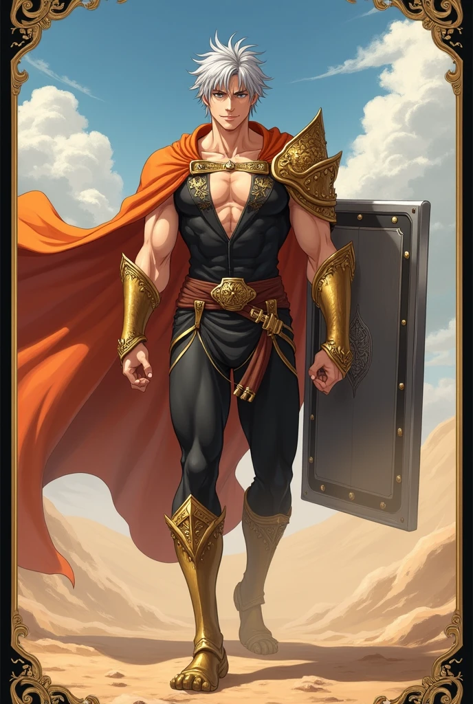 Anime Style Images, Full body image head to toe, , young man, ผมสีดำ, , long hair to the middle of the back, The hair is neatly arranged to the face, Hair tied in a ponytail, Red hair tie, headband fabric Red with gold pattern, black eyes, ใบหน้า castingเหลาราวกับเทพบุตร,  casting, cool, looks discreet as an adult, face, indifferent, emotionless,, , strong body shape, , muscles tight but slender,, Muscles in bundles, Wearing a black tight-fitting sleeved shirt decorated with gold pattern, black tights adorned with gold patterns, Wear a black waistcoat decorated with gold patterns, ankle-length waistband, with a black strap and belt fastened to the dress,, Black Gloves, . The left arm is wearing gold steel armor, covering it from the shoulder head to the forearm, , wear a red shawl decorated with gold patterns under the shoulder armor., ชุดดู castingcoolมาก, gold steel armoured boots, The background is a huge arena with many people staring inside the arena., arena. Very large, Lightning Spear, Top details, Anatomically qualified ,  maximum contrast, The right hand holds a silver double-edged long spear, put the spear handle on the back, Spear looks good, หอกสุดcool, Black card border at picture edge, Game card style, Collectible card style, shiny gold border on black card border