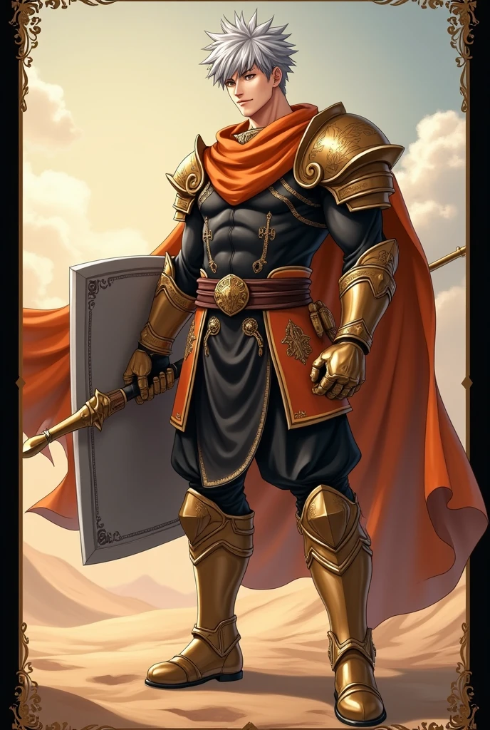 Anime Style Images, Full body image head to toe, , young man, ผมสีดำ, , long hair to the middle of the back, The hair is neatly arranged to the face, Hair tied in a ponytail, Red hair tie, headband fabric Red with gold pattern, black eyes, ใบหน้า castingเหลาราวกับเทพบุตร,  casting, cool, looks discreet as an adult, face, indifferent, emotionless,, , strong body shape, , muscles tight but slender,, Muscles in bundles, Wearing a black tight-fitting sleeved shirt decorated with gold pattern, black tights adorned with gold patterns, Wear a black waistcoat decorated with gold patterns, ankle-length waistband, with a black strap and belt fastened to the dress,, Black Gloves, . The left arm is wearing gold steel armor, covering it from the shoulder head to the forearm, , wear a red shawl decorated with gold patterns under the shoulder armor., ชุดดู castingcoolมาก, gold steel armoured boots, The background is a huge arena with many people staring inside the arena., arena. Very large, Lightning Spear, Top details, Anatomically qualified ,  maximum contrast, The right hand holds a silver double-edged long spear, put the spear handle on the back, Spear looks good, หอกสุดcool, Black card border at picture edge, Game card style, Collectible card style, shiny gold border on black card border