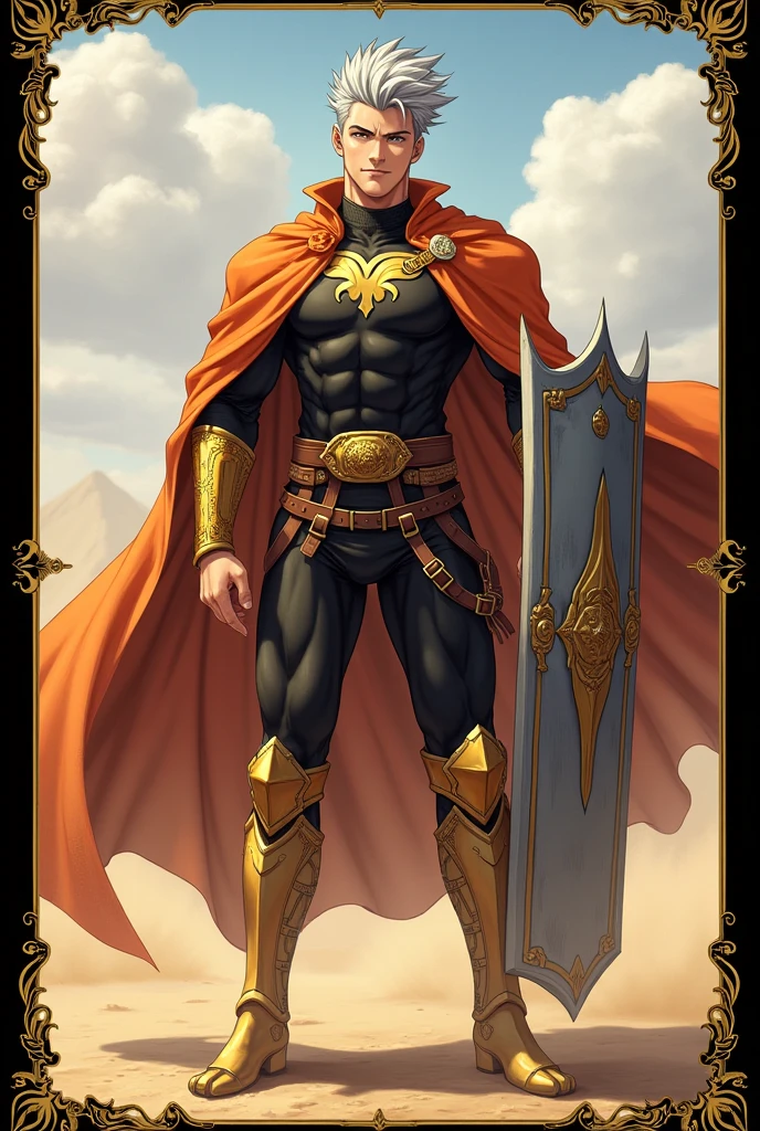 Anime Style Images, Full body image head to toe, , young man, ผมสีดำ, , long hair to the middle of the back, The hair is neatly arranged to the face, Hair tied in a ponytail, Red hair tie, headband fabric Red with gold pattern, black eyes, ใบหน้า castingเหลาราวกับเทพบุตร,  casting, cool, looks discreet as an adult, face, indifferent, emotionless,, , strong body shape, , muscles tight but slender,, Muscles in bundles, Wearing a black tight-fitting sleeved shirt decorated with gold pattern, black tights adorned with gold patterns, Wear a black waistcoat decorated with gold patterns, ankle-length waistband, with a black strap and belt fastened to the dress,, Black Gloves, . The left arm is wearing gold steel armor, covering it from the shoulder head to the forearm, , wear a red shawl decorated with gold patterns under the shoulder armor., ชุดดู castingcoolมาก, gold steel armoured boots, The background is a huge arena with many people staring inside the arena., arena. Very large, Lightning Spear, Top details, Anatomically qualified ,  maximum contrast, The right hand holds a silver double-edged long spear, put the spear handle on the back, Spear looks good, หอกสุดcool, Black card border at picture edge, Game card style, Collectible card style, shiny gold border on black card border