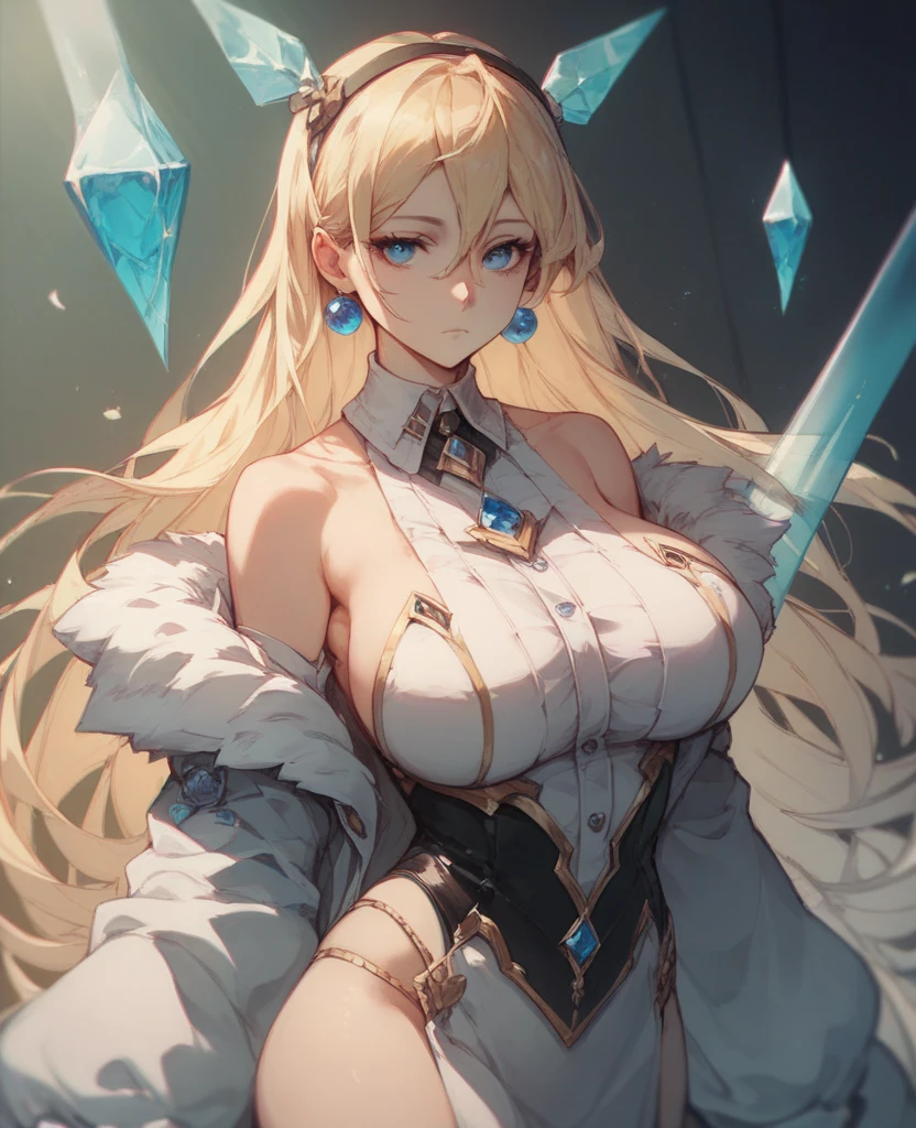 Artoria Lancer, mature woman, elegant, blonde hair, green eyes, casual clothes, crown, white cape, fur trim, portrait, upper body, curvaceous, 4k resolution, high quality,skirt lift,show off detail race  panties,squatting, spread legs,
