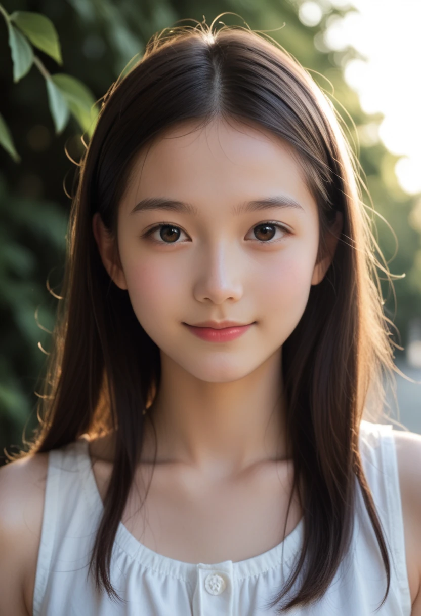 Neat and clean elementary school girl, petite person, (slim, Small, Flat, Small), A dark-haired, Photorealistic, detail, Detailed skin texture, Ultra Detail, Delicate collarbones, Smile, Super Detailed Face, Detailed lips, Detailed eyes, (10years old girl)、Delicate eyebrows、short neck、Professional Photography、(watching at viewers)、f lare、(Unique Beautiful Girl)、30mm prime lens、softfocus、Narrow-eyed、pores、bodyhair、Half Russian and half Japan、undergarment