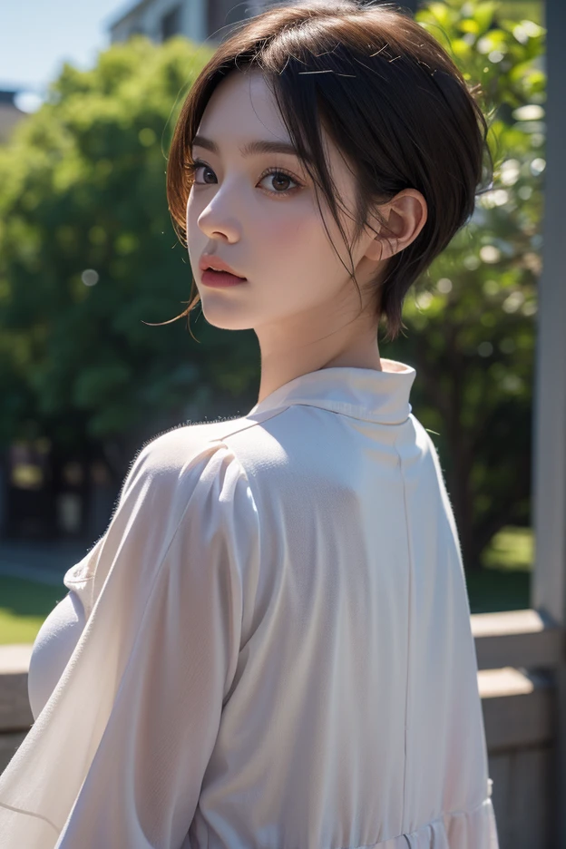 (((best quality))),(((ultra detailed))),(((masterpiece))),illustration,1girl, young,solo, slim,thin,short ponytail,small breasts,flat chest,white collared shirt,cleavage,shorts,standing,arms behind back,rainy night, heavy rain, drenched clothes, melancholy expression, solitude, tear rolling down cheek, wet hair, empty streets, dimly lit, deserted environment, sound of rain, footsteps, symbol of hope, abandoned, resilience, determination, walking in rain, heartbreak, loss, love fading, loneliness, body language, facial expression, dreary atmosphere, rain-soaked streets, somber mood, viewer engagement,((upper body,from front)),urban scape,night scene