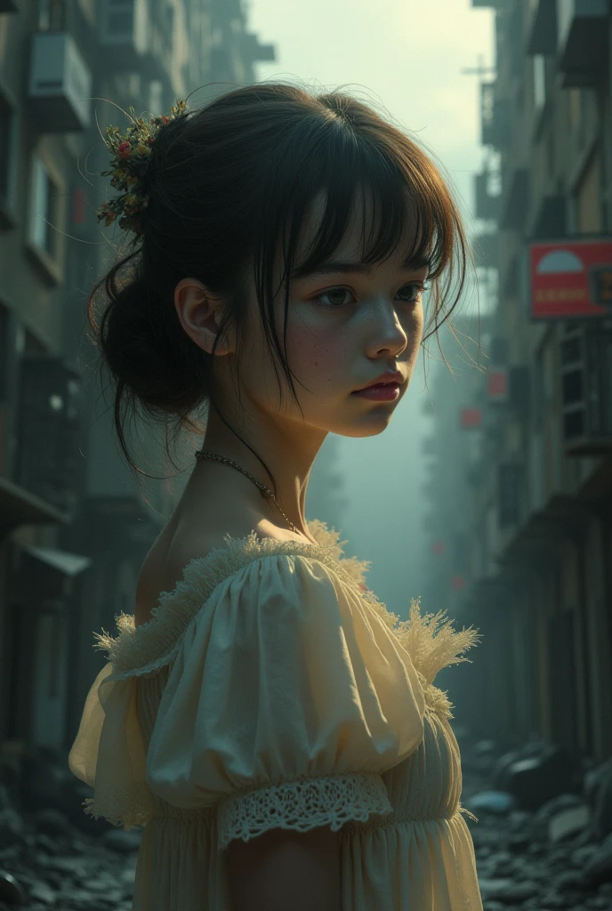 (very sharp result, full body desaturated 3d image) (((outfit body shading & texture))), (((Best Quality))), (((masterpiece))), (((hyper realistic photo))) desaturate cinematic scene, dark dramatic backlight, shade, there are crying full of tears so sad pretty girl with faded sugar skull cantina face painting, look of her eyes & face, hand wipes the tears long messy brown hair, wearing simple mexican bolero cloth, she is crying on the alley street rustic texturized corner, UHD 4K