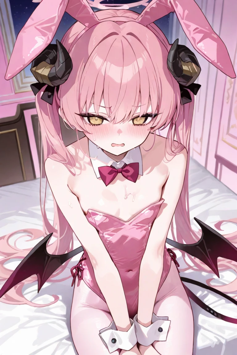 8K, 1girl, petit, adult. kawaii vampire, crimson hair, short hair, red eyes, fang, bat wings, smile, (blush), (shy), pointed ears, looking at viewer, dynamic angle, wind, game cg, fantastic scenery, demon tail, thin tail, black horns, medium breast, show full body, tentacles, naked, horny, tentacles between leg, sex with tentacle